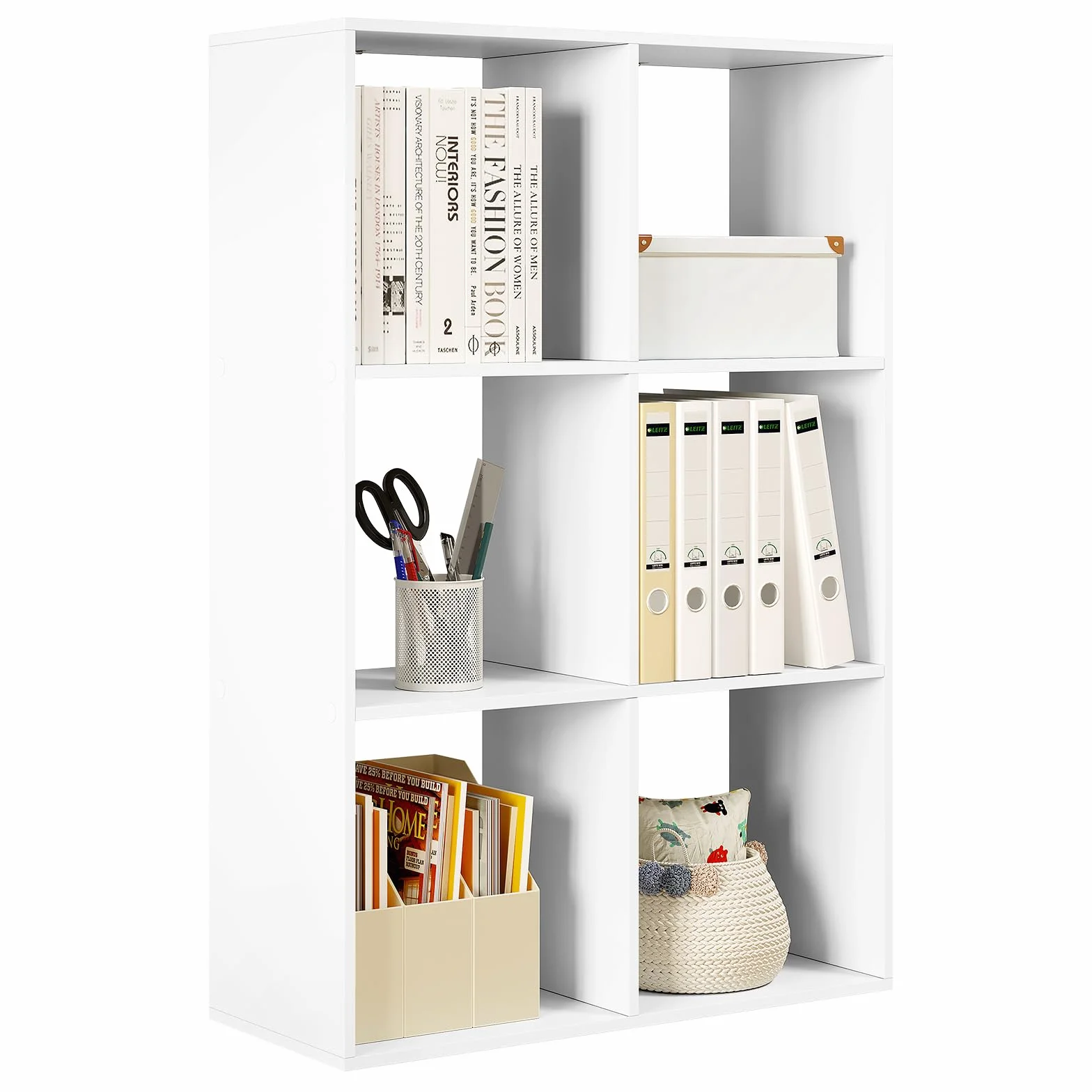 WOLTU Estanteria de Libros de 3 Niveles con 6 Cubos de Almacenamiento | para Salón, Dormitorio y Oficina, 71x29x106 cm, Blanca