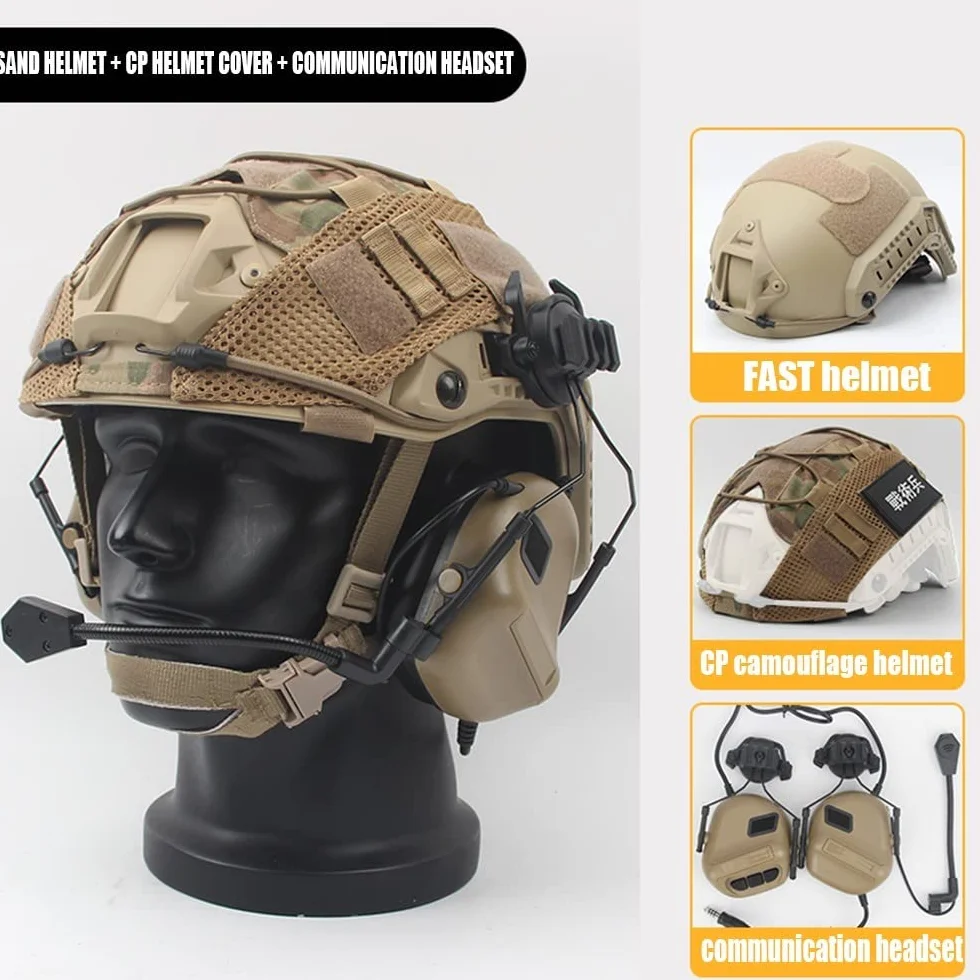 Juego De Casco Fast Táctico Militar, Equipo Casco Protección Paintball CS con Auriculares Tácticos Y Cubierta De Casco, para Caza Al Aire Libre Airsoft Paintball