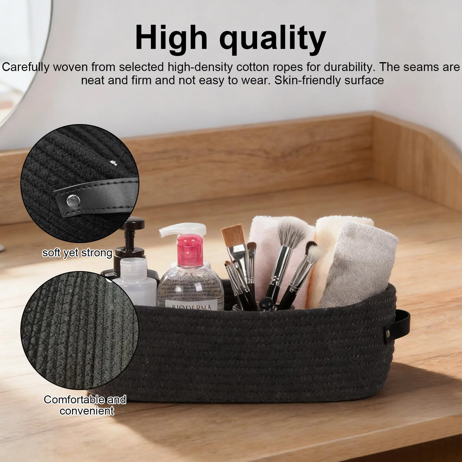 Cestas Almacenaje Baño Algodón 33x15x10 cm Negro Trenzada Organizadoras