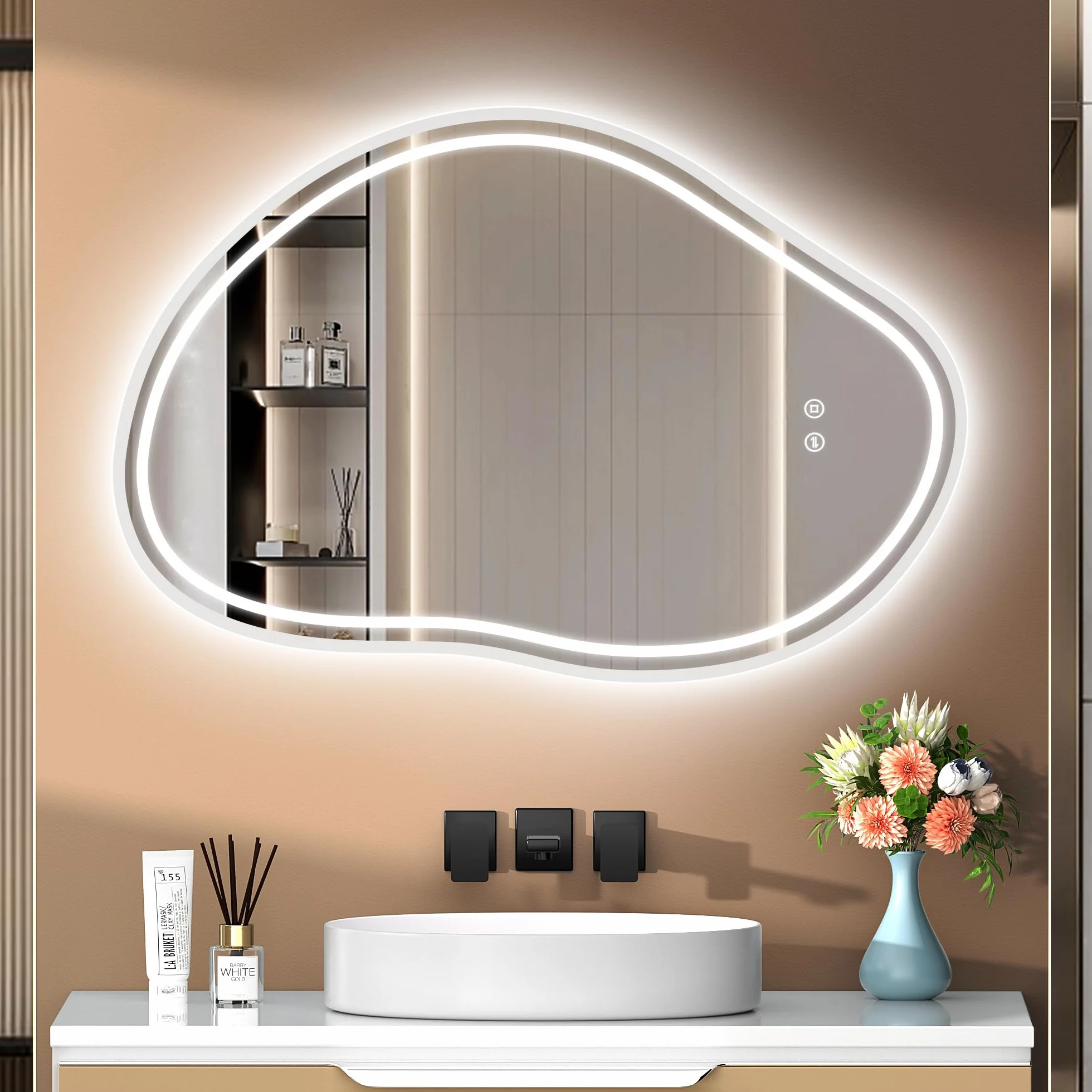 Espejo de baño con iluminación asimétrico, 80 x 53 cm, espejo de baño con iluminación, 3 colores claros, regulable, espejo LED con interruptor táctil y función de memoria, ideal para el baño