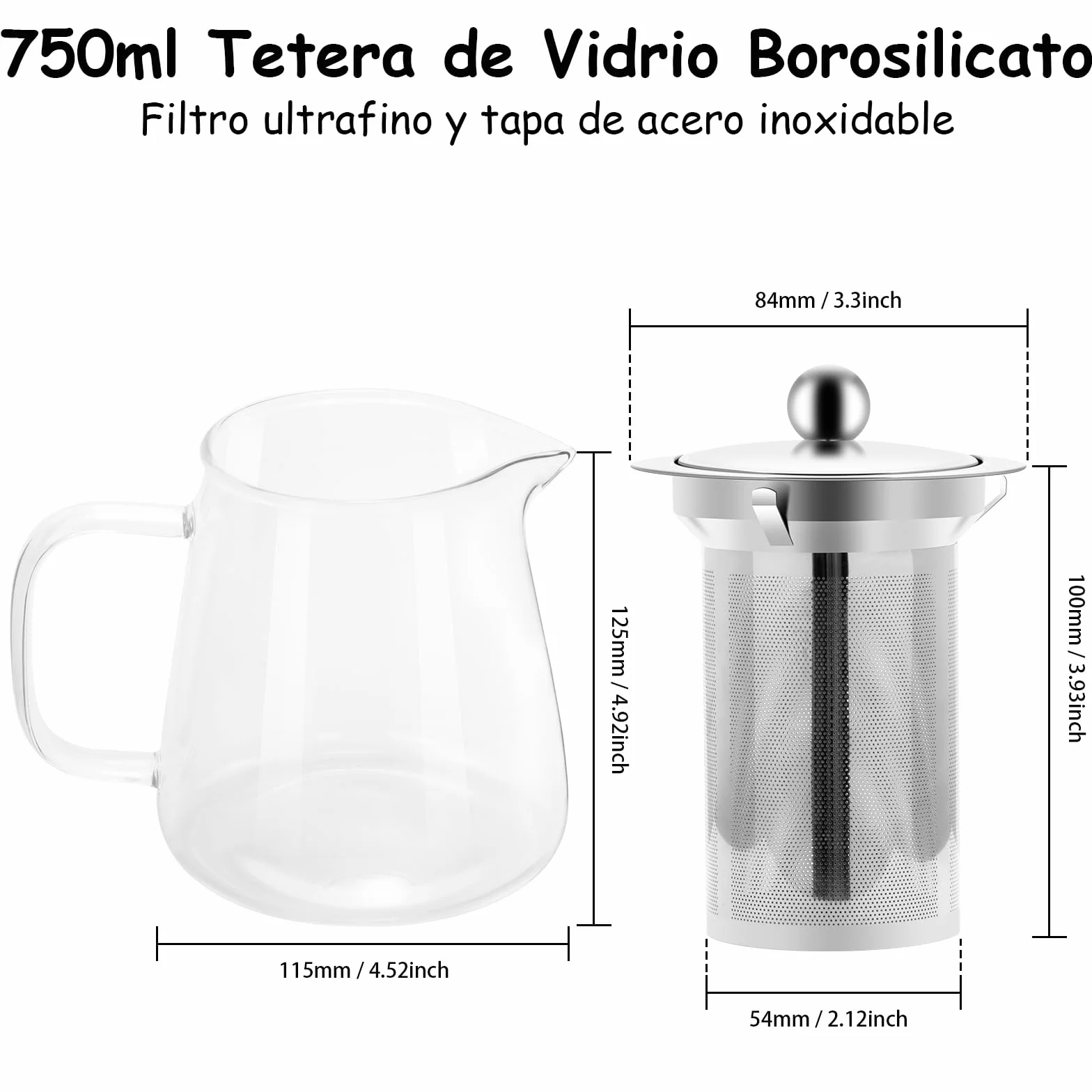 Tetera Borosilicato 750 ml Con Infusor y Colador De Acero Inoxidable, Para Estufa, Té De Hojas Sueltas, Hierbas y Frutas