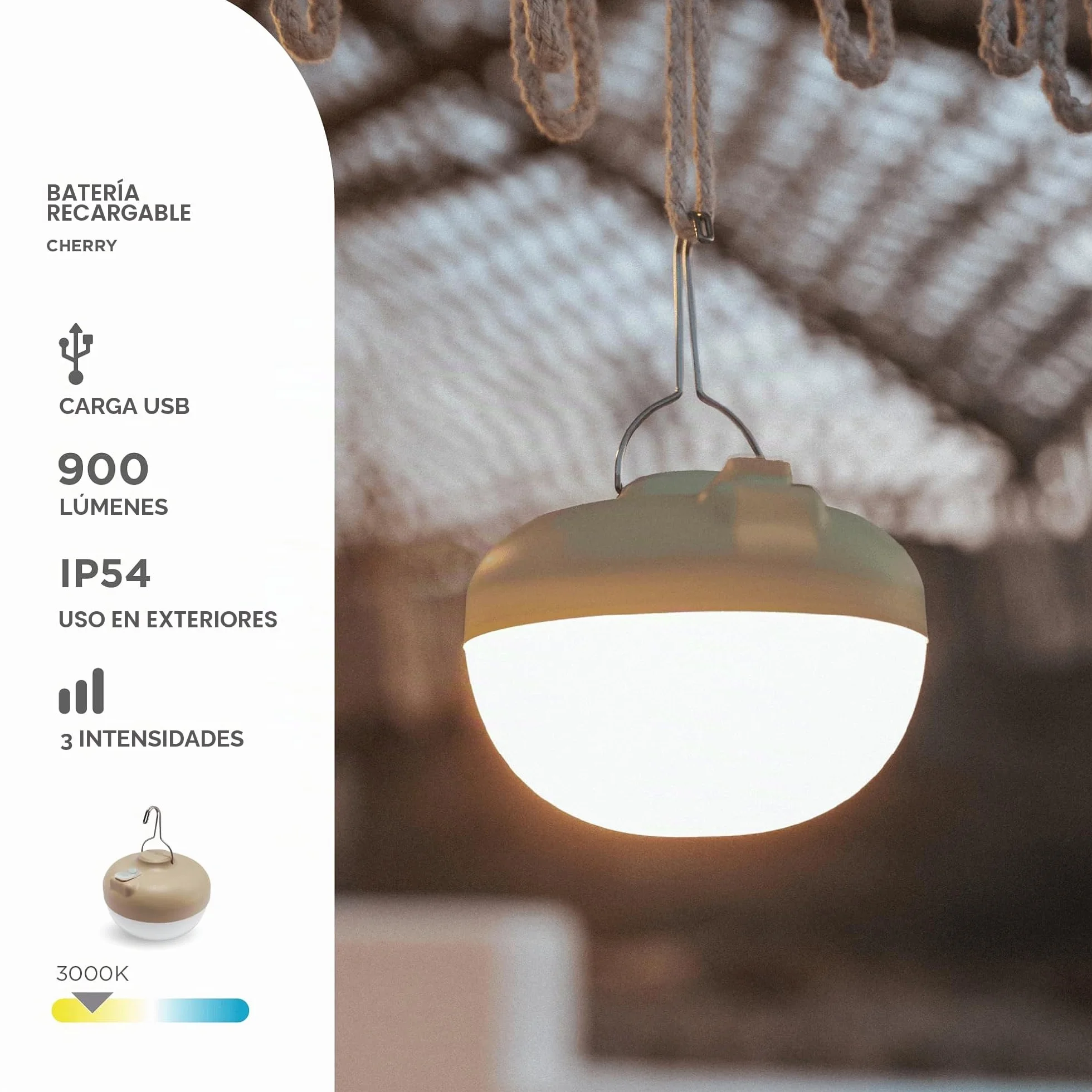 Newgarden Lámpara LED Camping Emergencias Cherry 900 Lúmenes IP54 Recargable USB Batería Gancho Imán Beige
