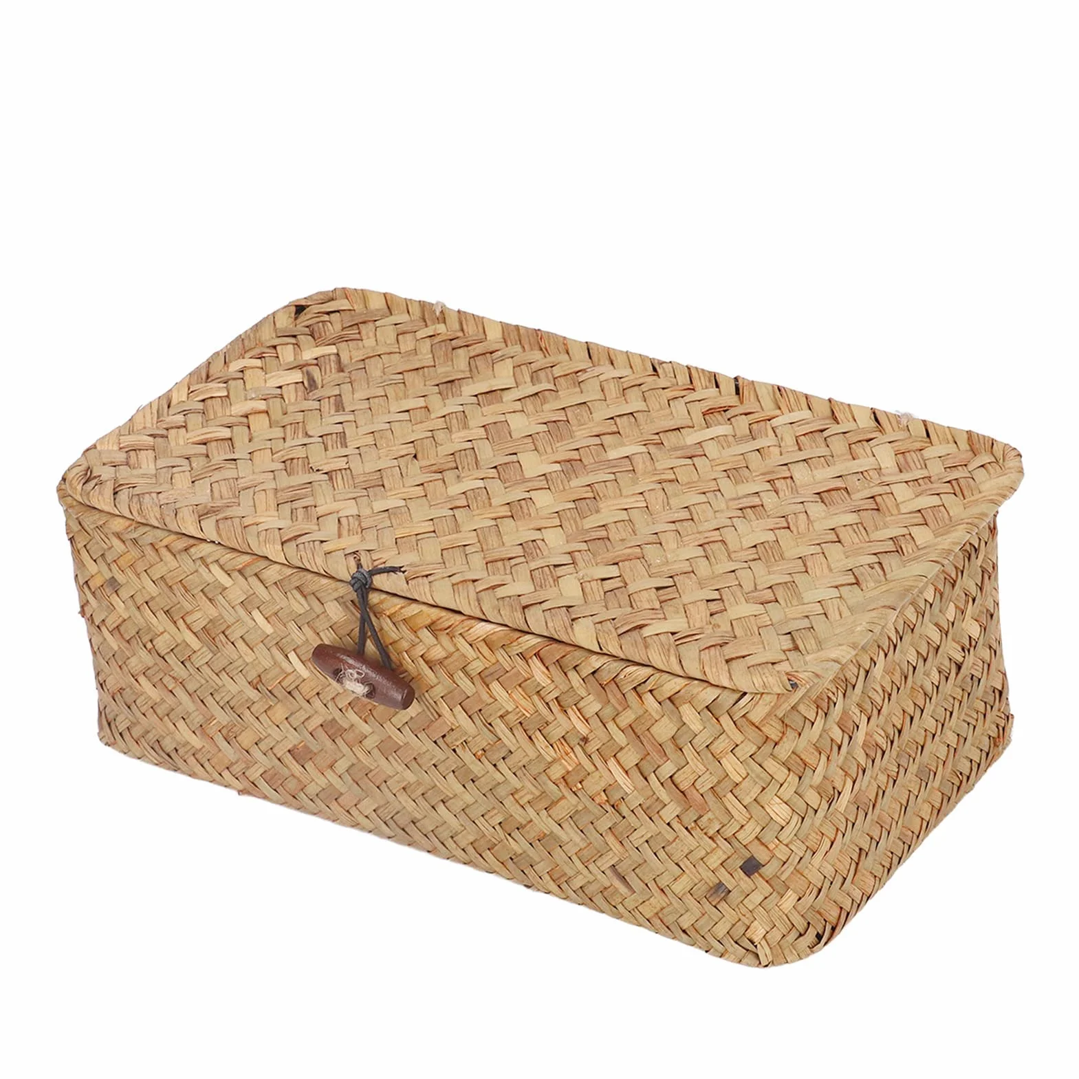 Cesta de Mimbre Grande con Tapa para Almacenamiento de Algas Marinas, Decorativa Natural