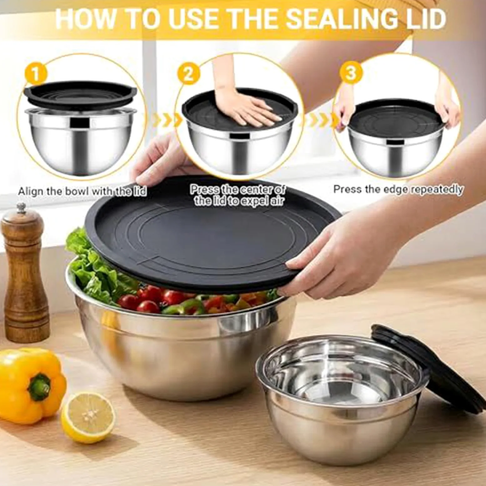Boles de Mezcla de Acero 7 Piezas Hermeticas Acero Inoxidable Apilables | Boles Para Mezclar Y Preparar Alimentos En La Cocina Para Cereales Snacks Huevos Especias Verduras Frutas