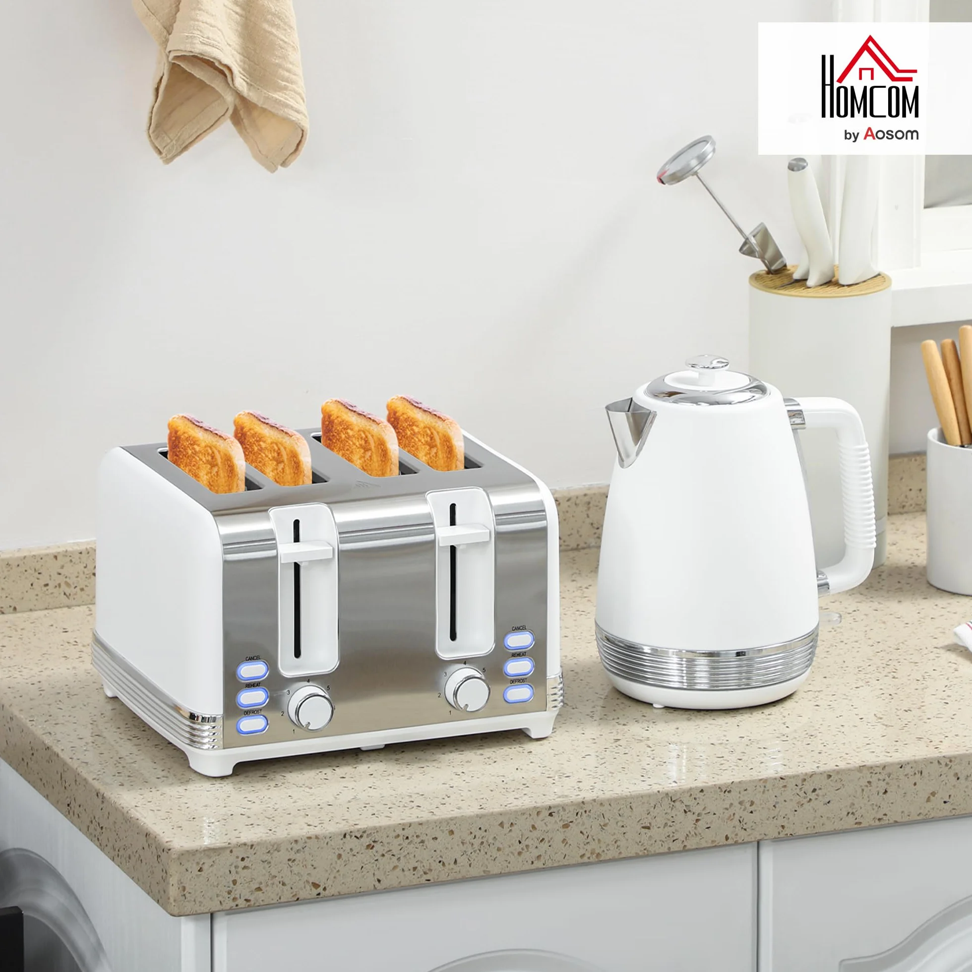 HOMCOM - Juego de hervidor y tostadora (acero inoxidable, 2200 W, 1,7 L, tostadora 4 rebanadas, 7 niveles de bruñido, calentamiento rápido, termostato Strix, filtro antical y bandeja para migajas