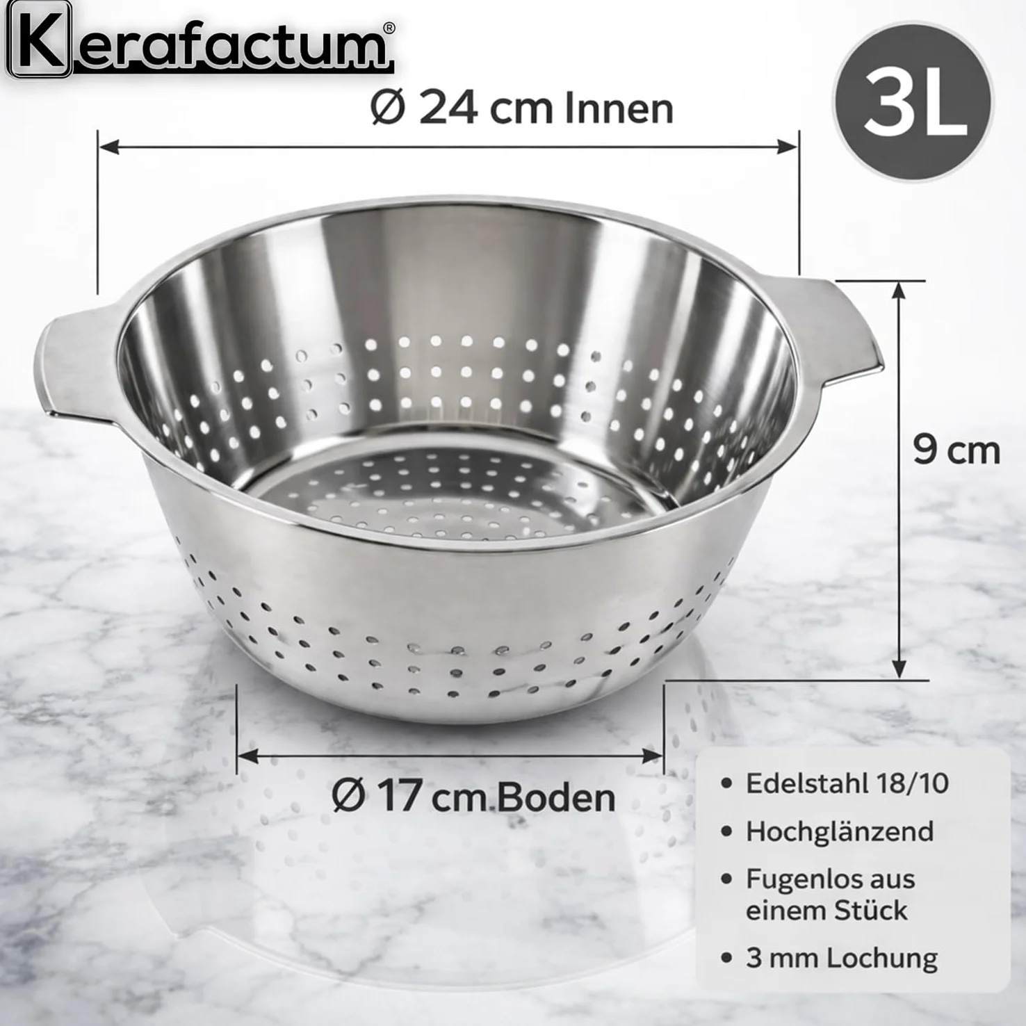 Colador para ensaladas, colador de cocina, colador de acero inoxidable, colador de pasta | diámetro de 24 cm, colador de verduras, colador de verduras, apto para lavavajillas, 2 asas, colador de
