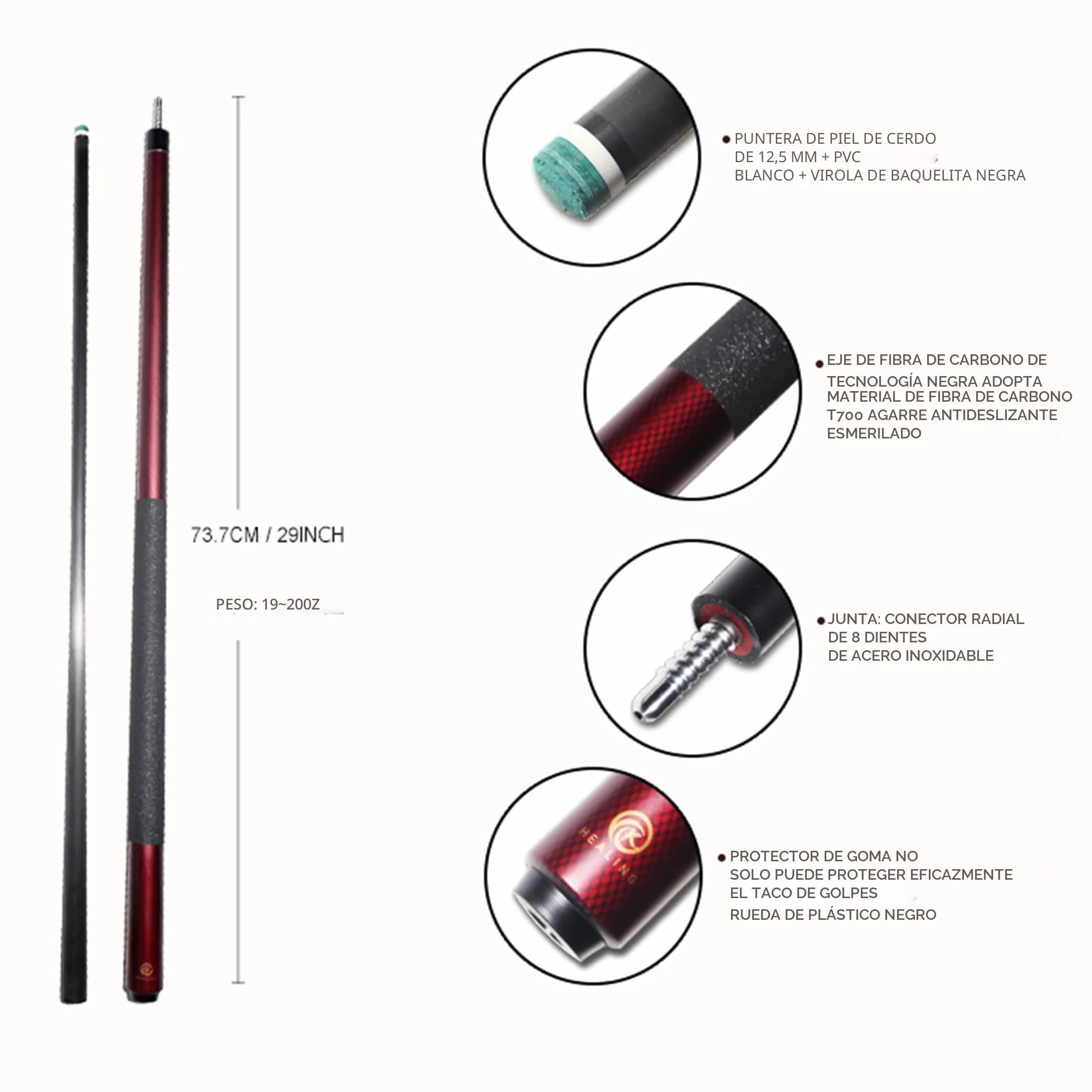 KHEALING Taco de billar fibra de carbono 12,5 mm 58 pulgadas profesional