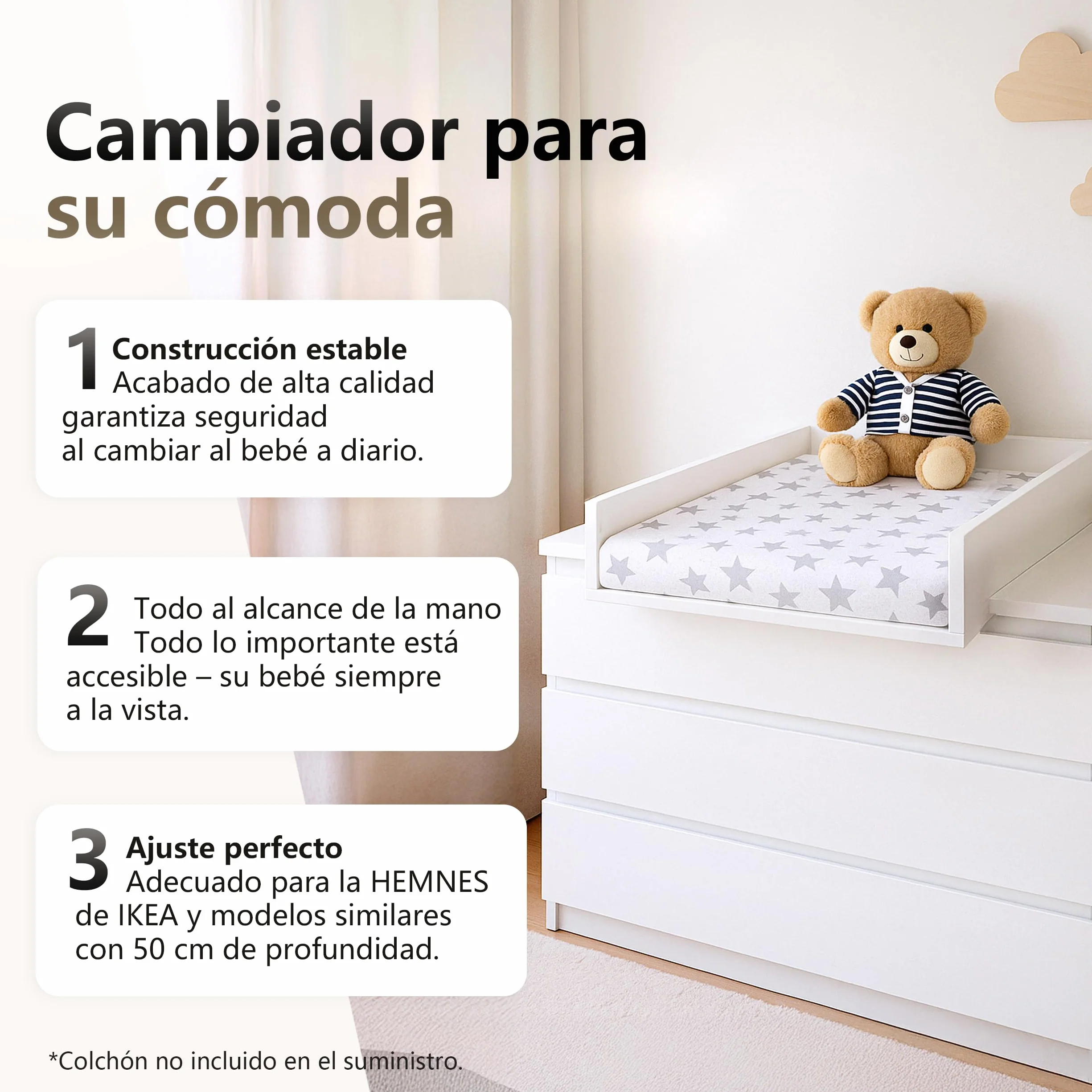 Cambiador para Hemnes, Accesorio para Cómodas 50 cm, Desmontable, Blanco, 72x54 cm