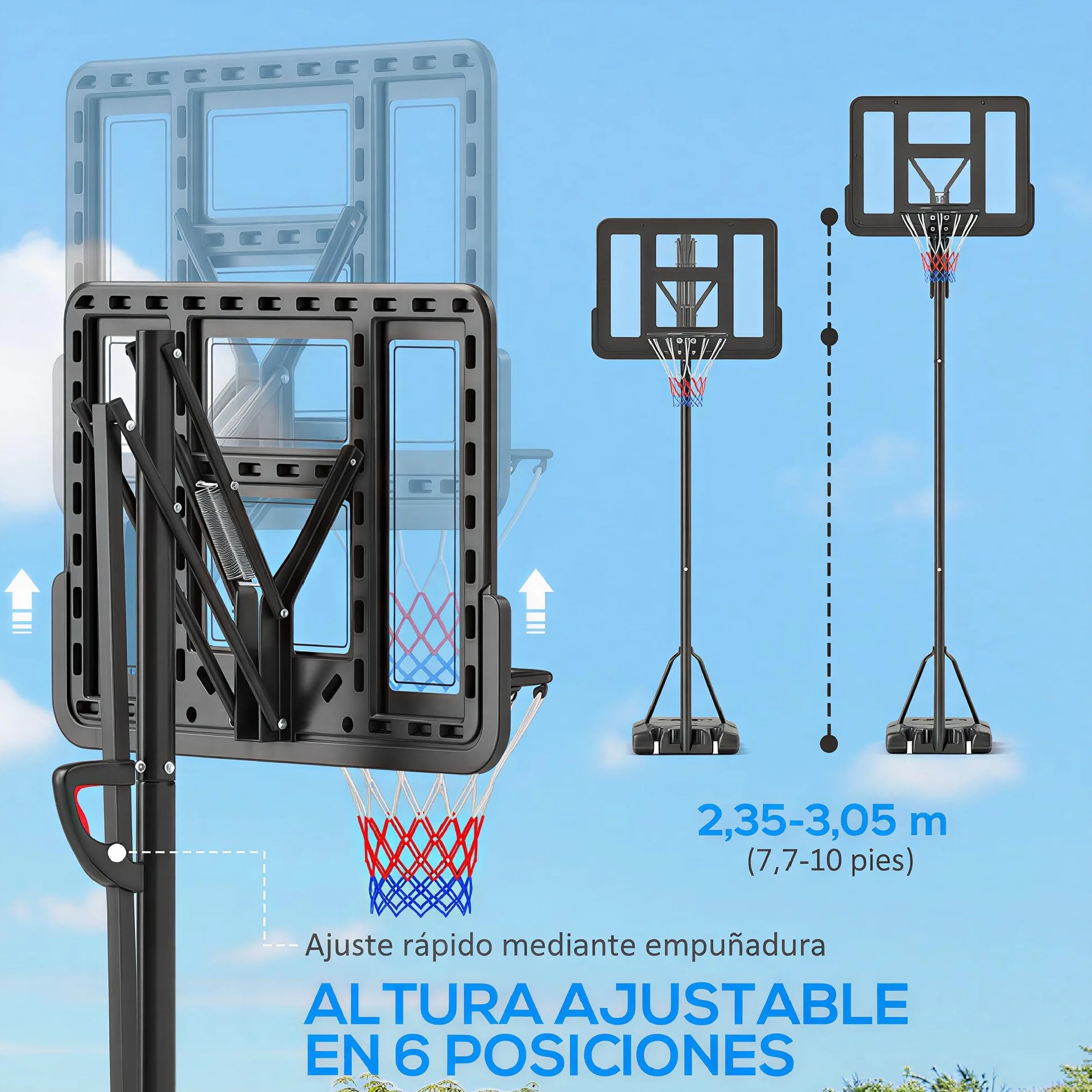 SPORTNOW Canasta de Baloncesto Exteriores Interiores Altura Regulable 235-305 cm Portátil con Base Rellenable Ruedas Negra