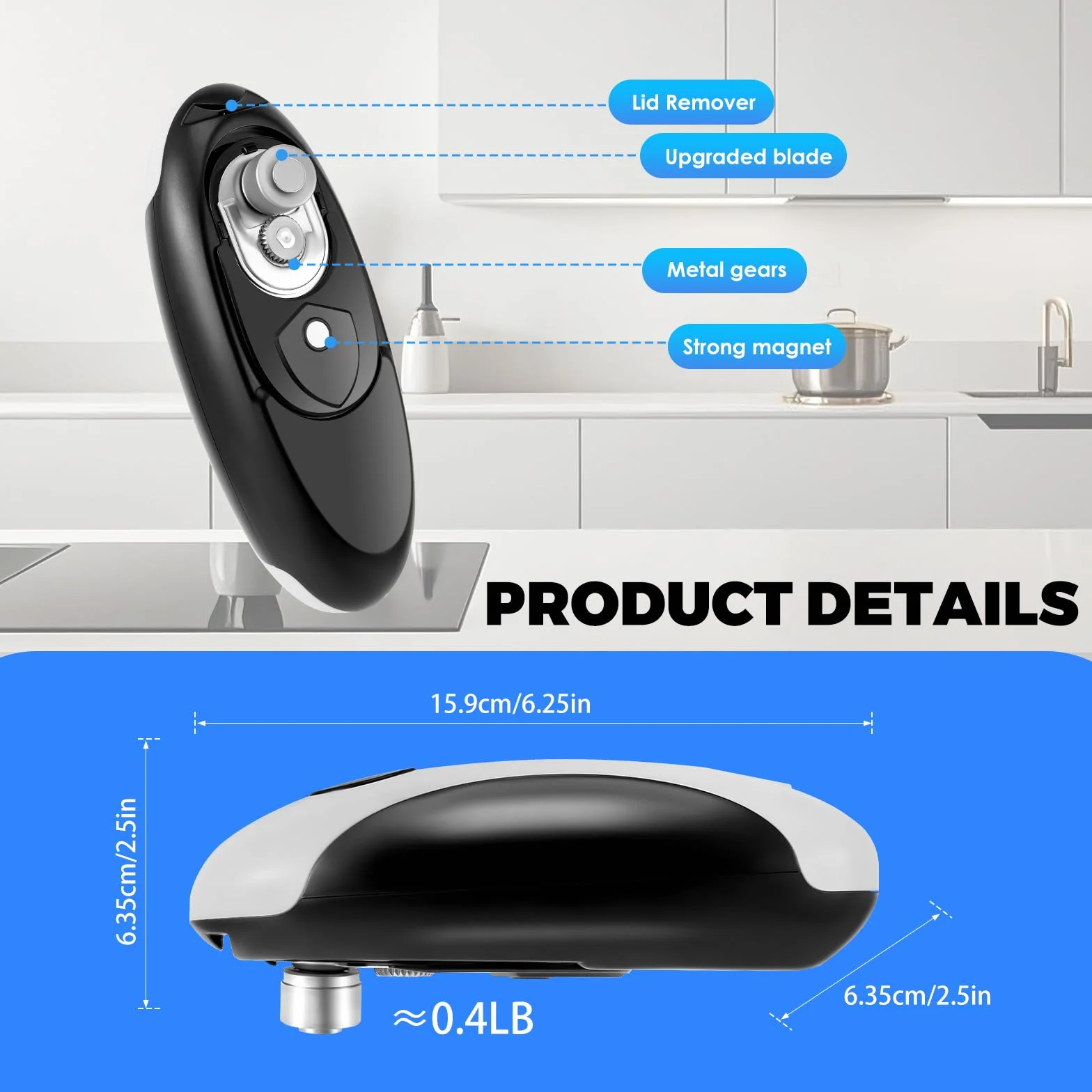 Abrelatas eléctrico Abrelatas recargable por USB, funciona con batería, funcionamiento automático con un solo botón, soporte magnético para la tapa y corte suave, apto para alimentos
