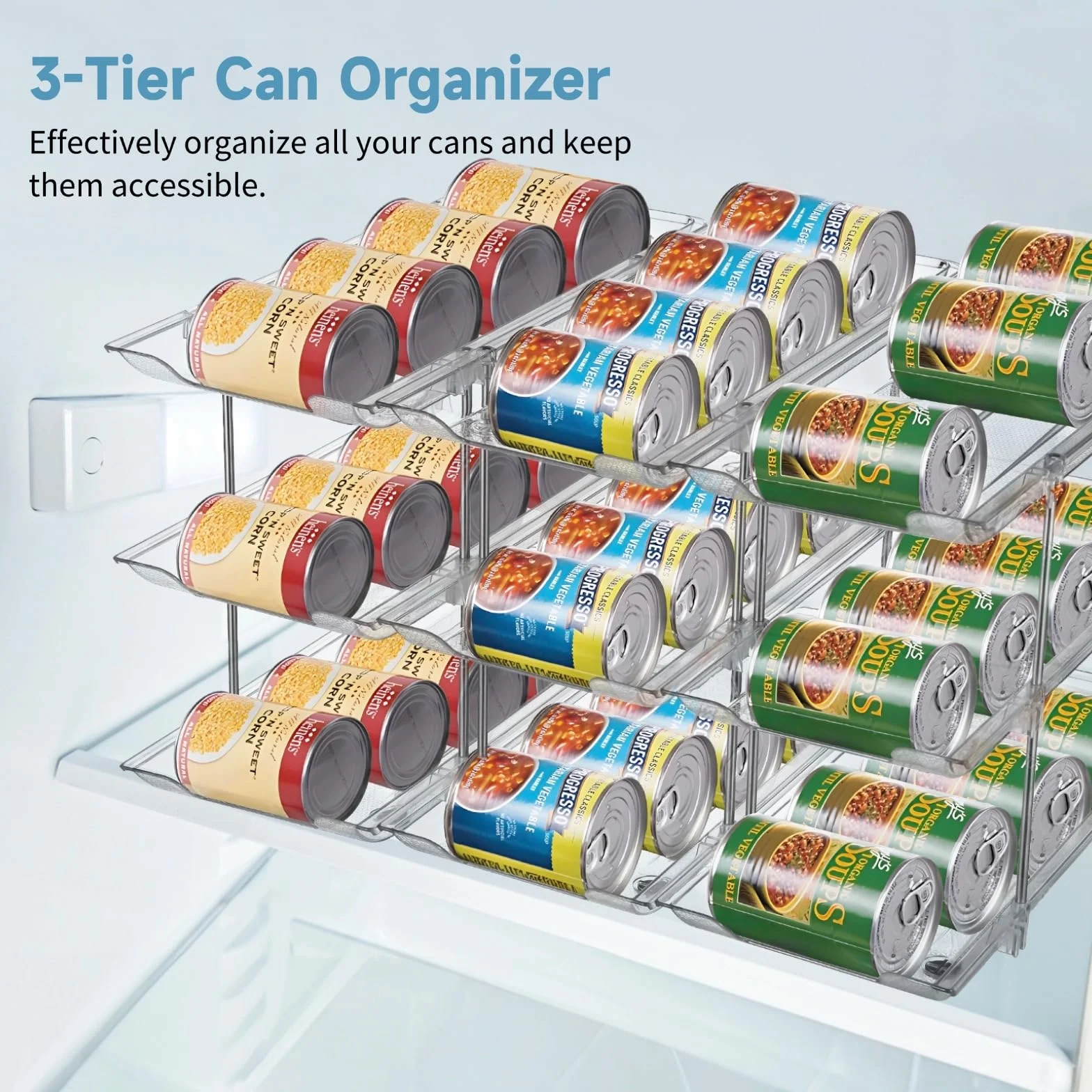Soporte para latas, configuración modular flexible, estante de almacenamiento transparente de 3 niveles, dispensador de latas transparente, fácil instalación, organizador apilable de latas de cerveza