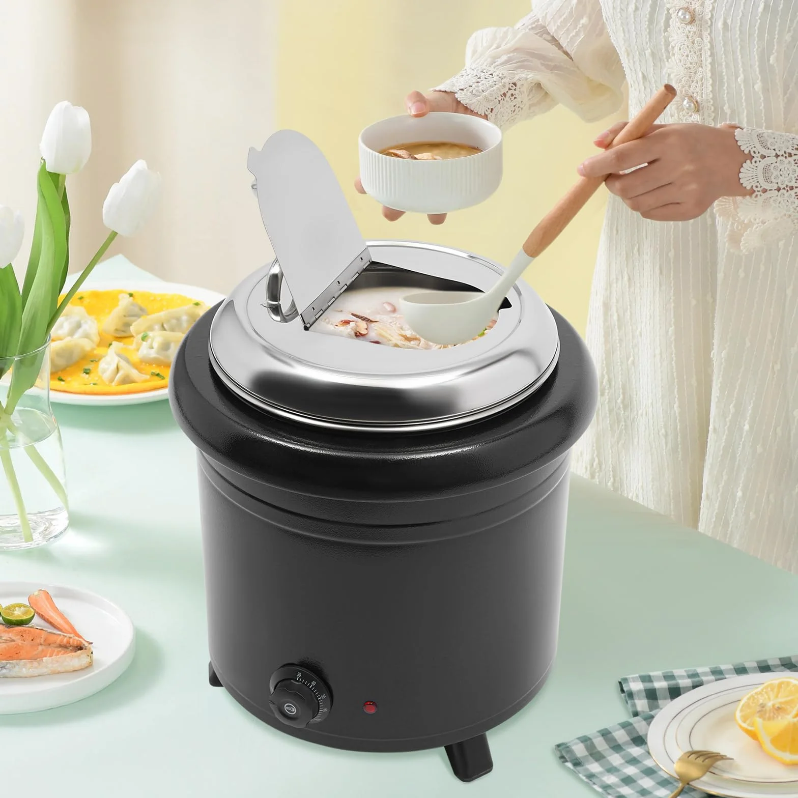 Olla para sopa, 13 L, acero inoxidable, calentador de sopa con tapa, 400 W, temperatura 30 – 85 °C, recipiente térmico regulable, para bufés, cantinas, cafetería y otras ocasiones, color negro