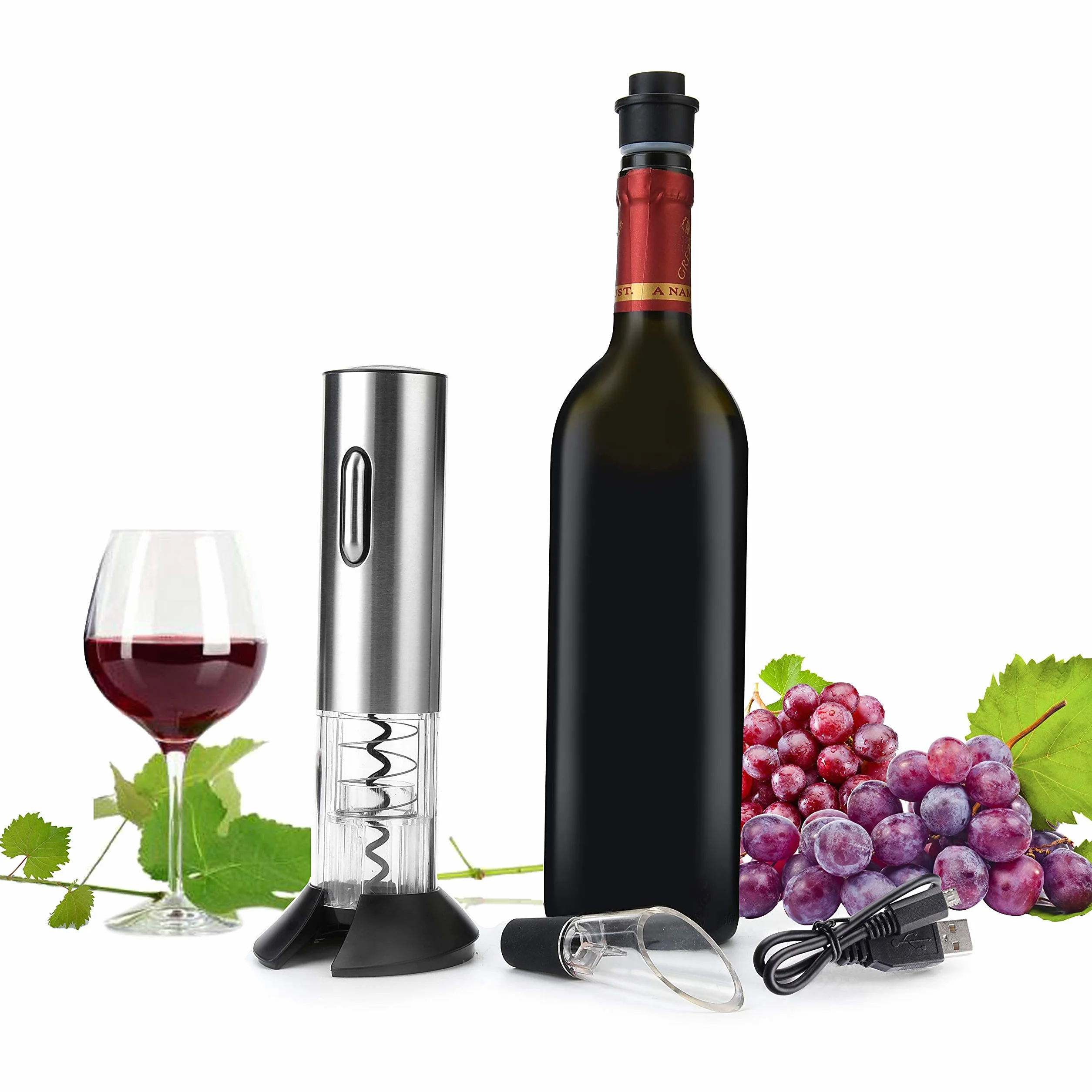 Sacacorchos Eléctrico, Abridor Botellas de Vino Profesional, Sacacorchos Eléctrico de Acero Inoxidable con Puerto de Carga USB, Cortador de Cápsulas, Tapón de Vacío y Vertedor