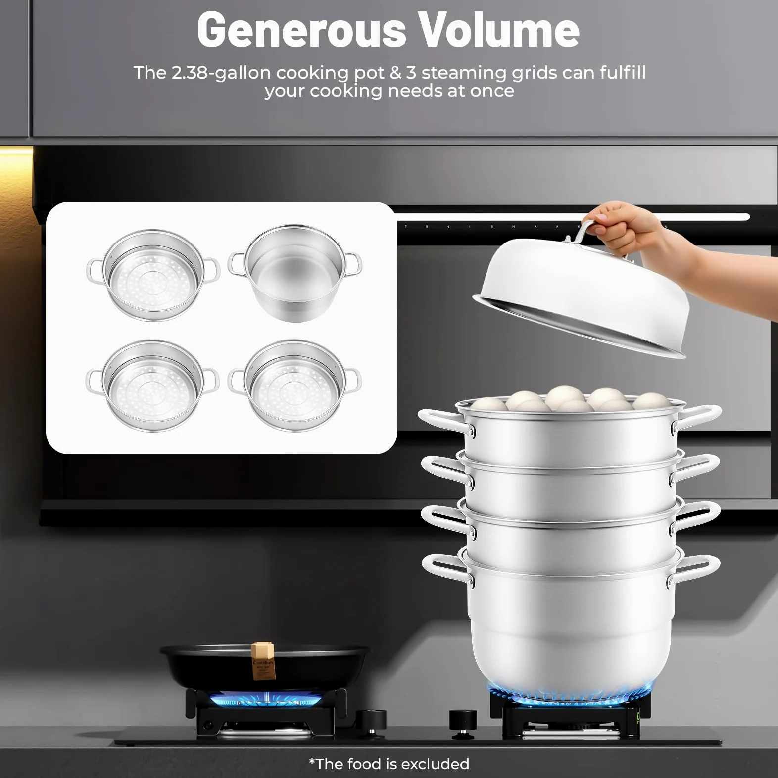 Vaporera de acero inoxidable de 5 capas, 9 L, con cubierta de cristal y 3 rejillas de vapor, olla de inducción, olla a presión de inducción, utensilios de cocina para verduras, hervidor de vapor para