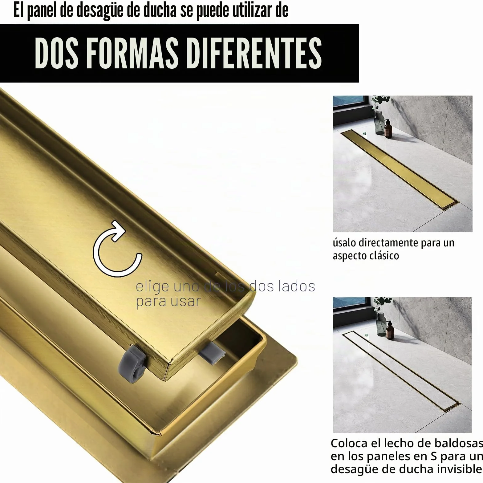 Canaleta Ducha 70 Cm, Dorado 2 en 1 Sumidero Ducha con Sifón | Canal Ducha de Acero Inoxidable con Sifón y Filtros
