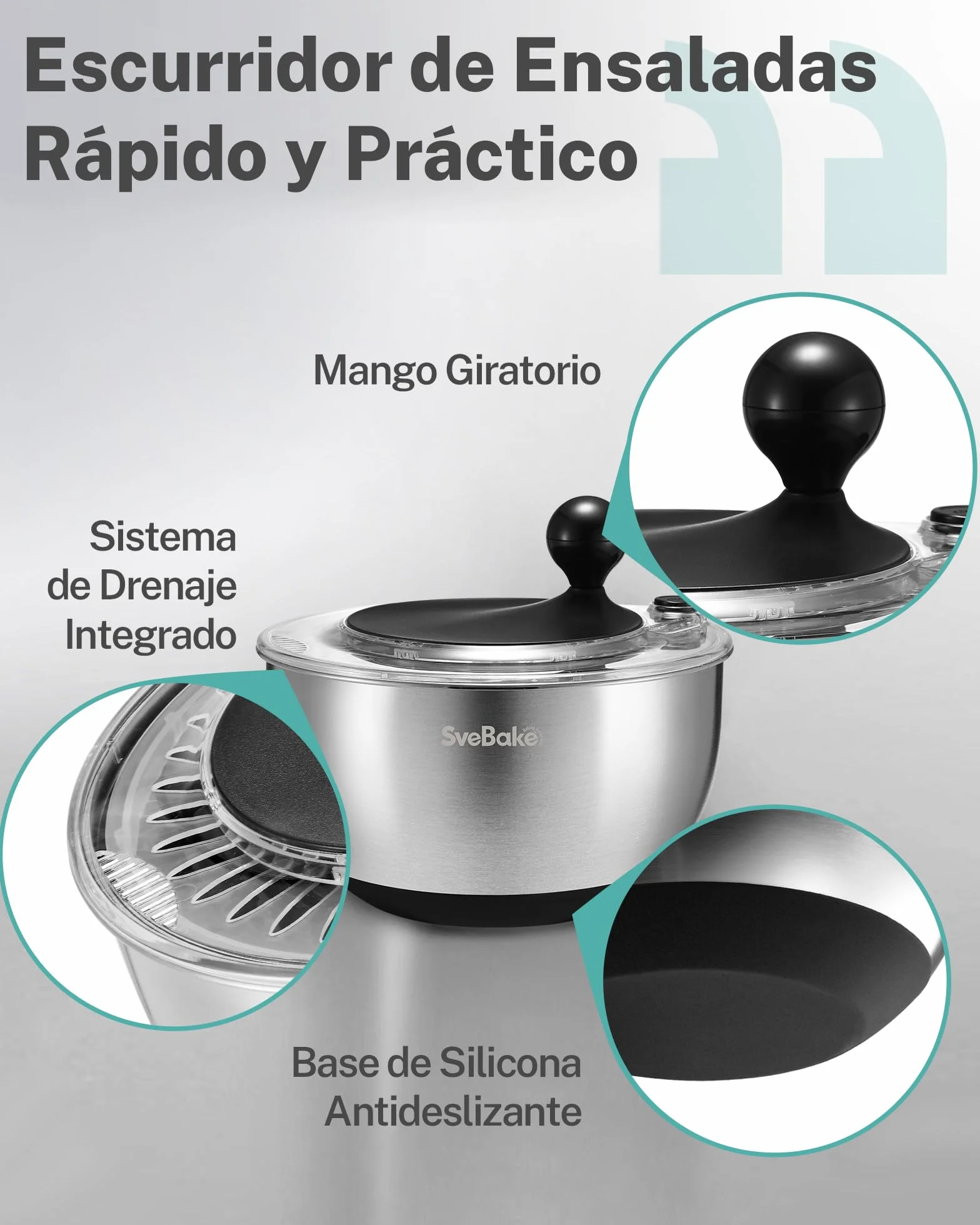 SveBake Centrifugadora Lechuga Acero Inoxidable con Botón de Parada, 5.3L Escurridor Verduras con Base Antideslizante, Escurridor Ensalada Sin BPA