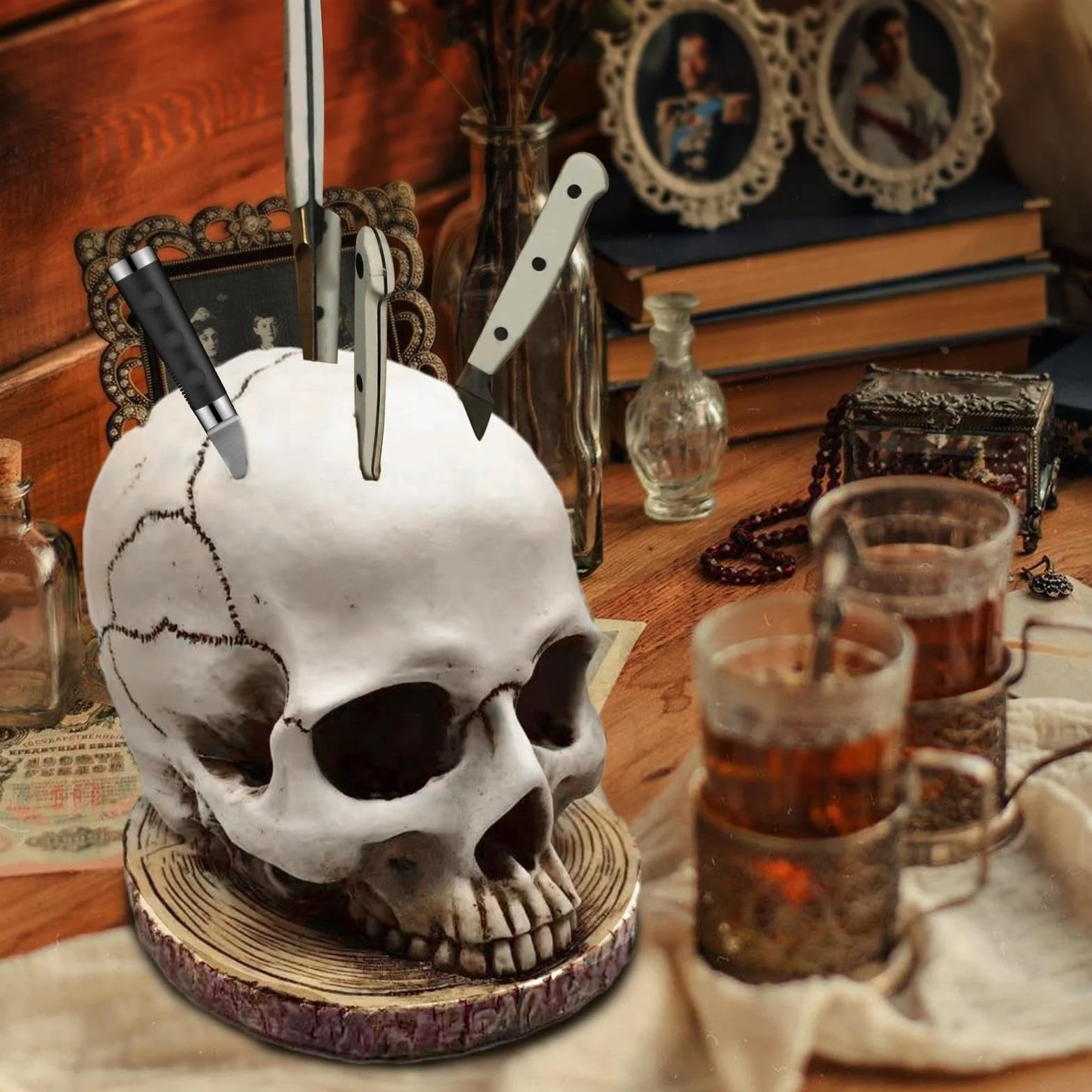 Portacuchillos cráneo, bloque de cuchillos cráneo | Bloque de cuchillos espeluznantes de Halloween | Soporte de cocina con forma de cabeza de horror, bloque de cuchillos de cocina gótico para