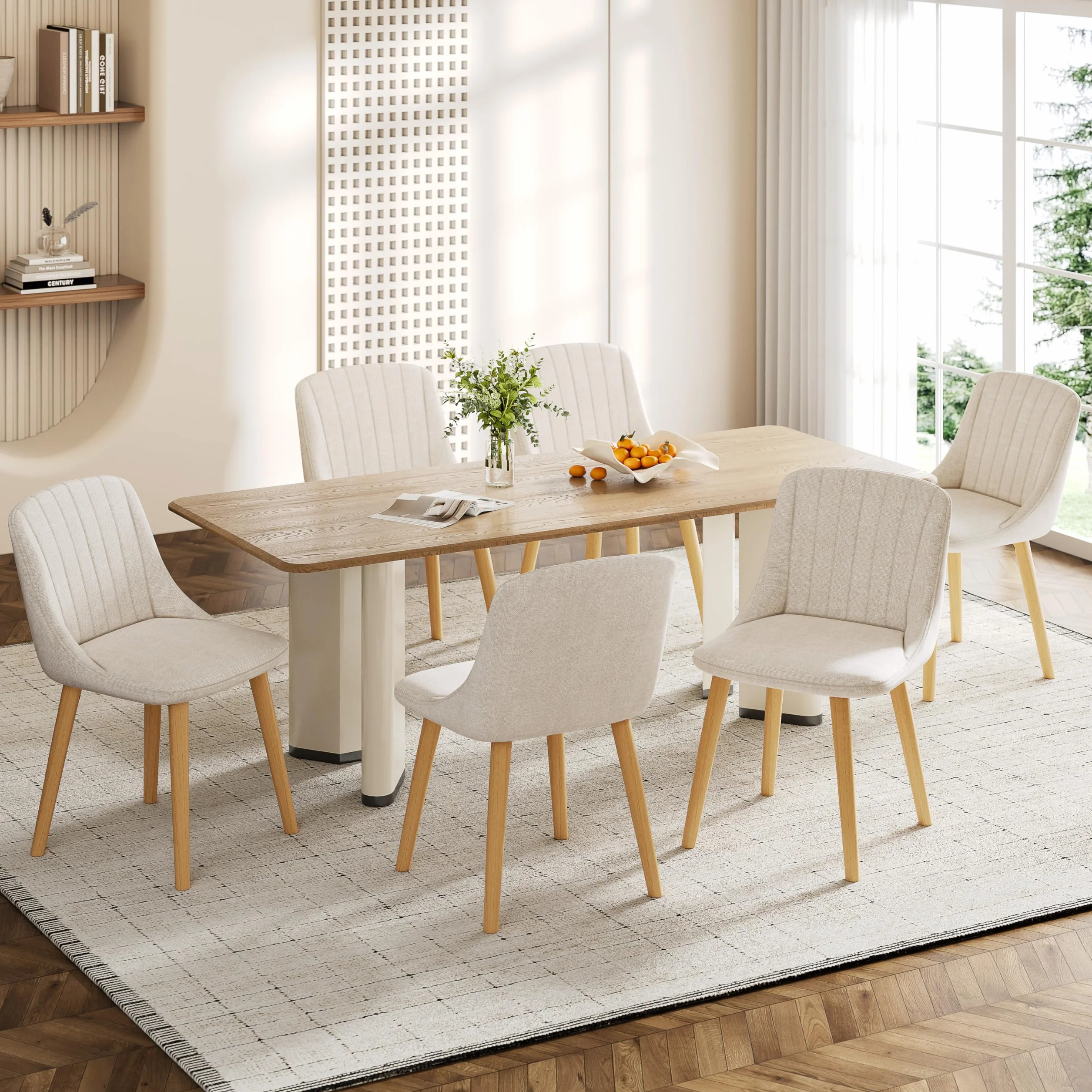 Silla Comedor Set 6 Cómodas Sillas Comedor Pata Madera Diseño Silla Tapizada Lino Beige