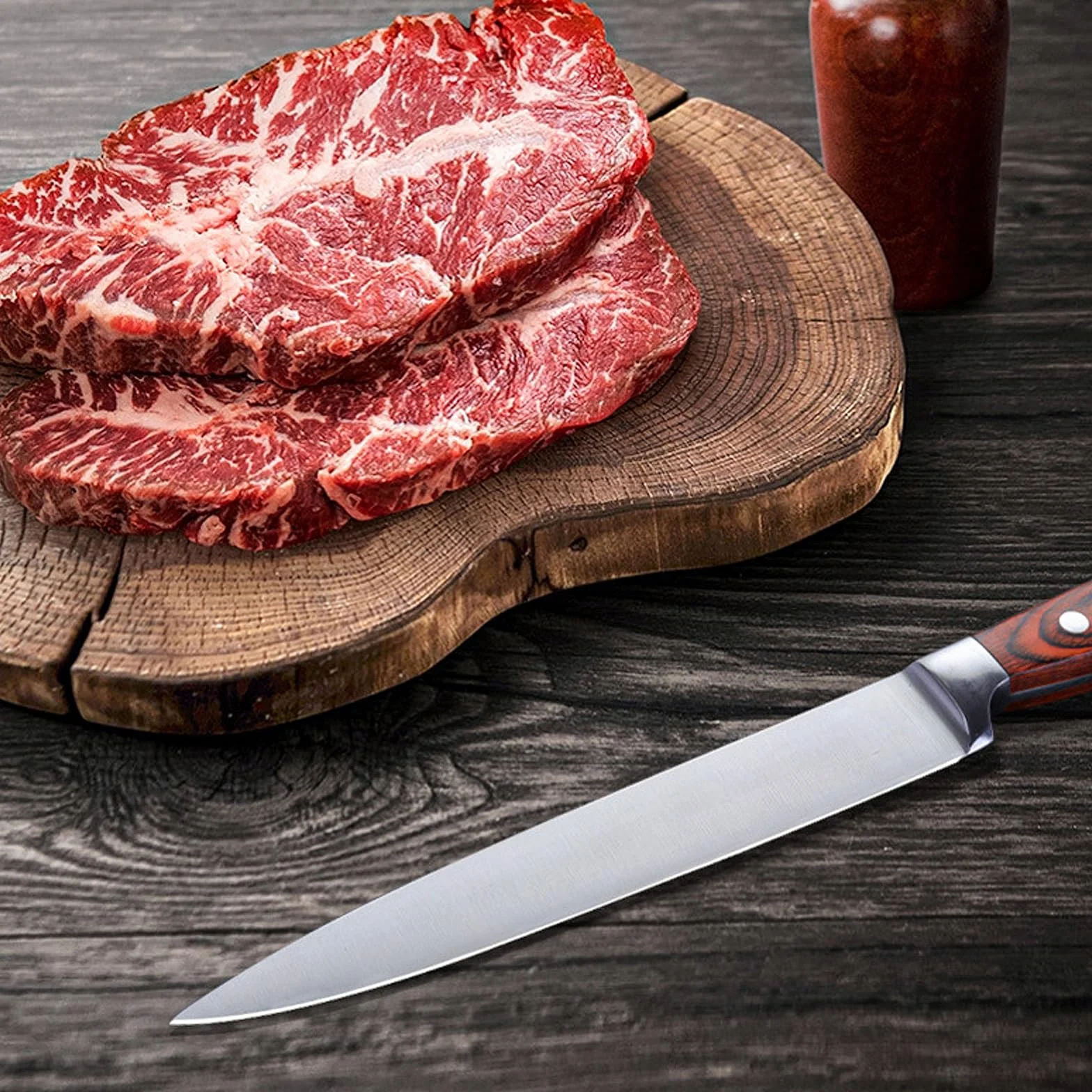 Set 2 Utensilios Barbacoa, Utensilios para Barbacoa de Acero Inoxidable, Cuchillo de trinchar y tenedor de 2 piezas, Mango de Madera 100% natural, Cuchillo para Carne y Tenedor para Carne