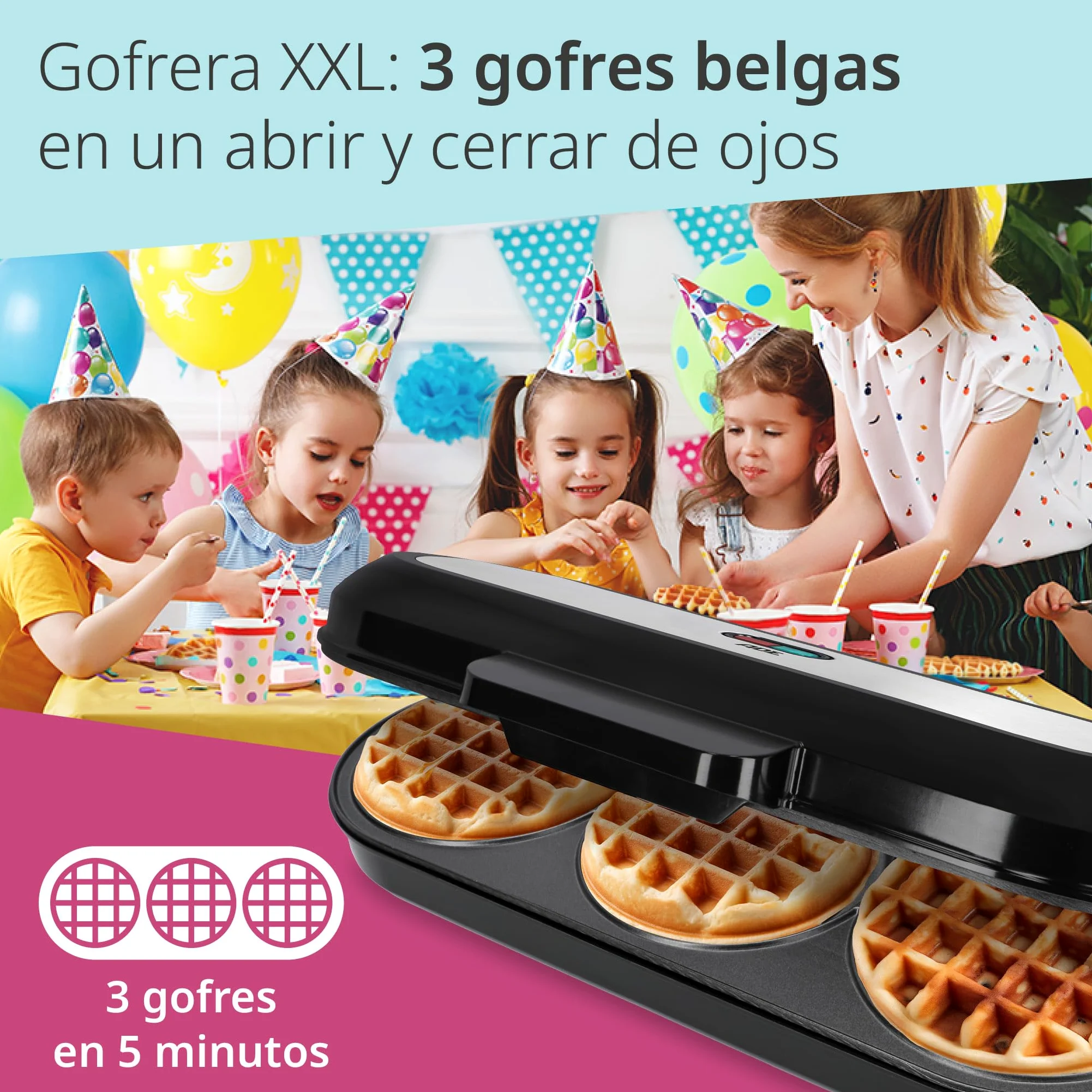 ADE Gofrera XL para 3 gofres redondos al mismo tiempo | 1.200 vatios | waffle maker con revestimiento antiadherente | perfecta para fiestas de cumpleaños infantiles