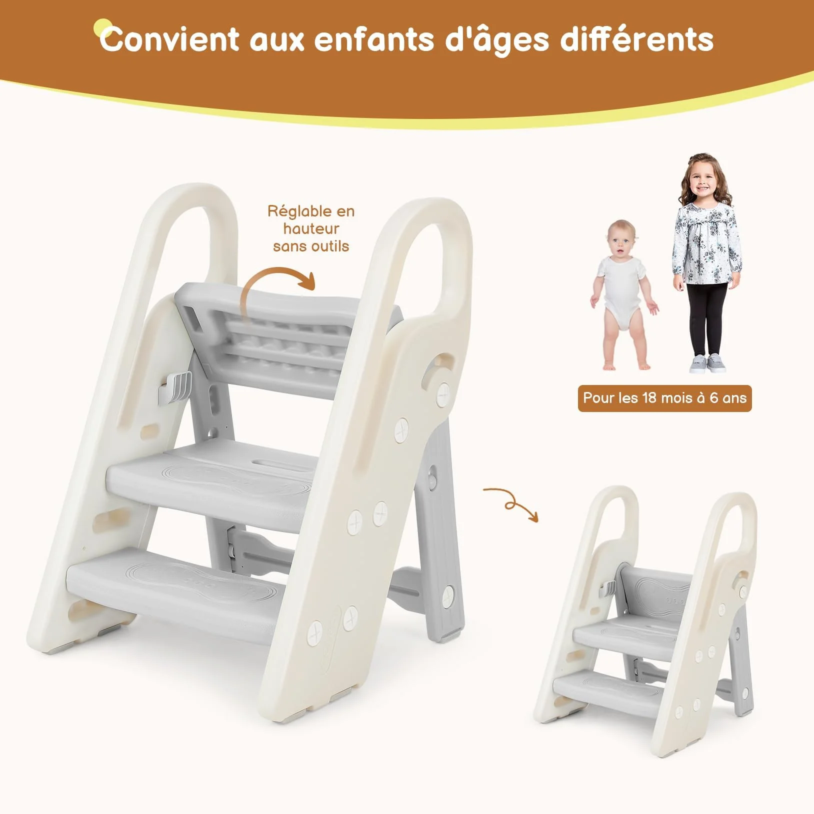 Onasti Taburete Plegable Infantil 3 Peldaños, Asiento Entrenamiento Inodoro Ajustable Antideslizante Gris