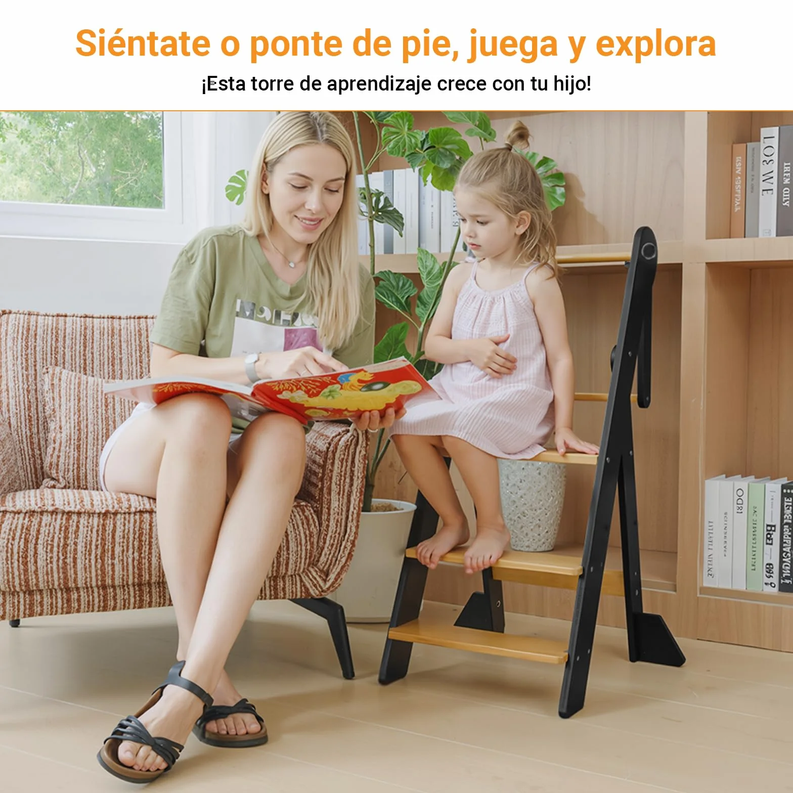 COSYLAND Torre de Aprendizaje Plegable 2 Alturas Ajustable para Niños 18 Meses a 6 Años Negro Natural