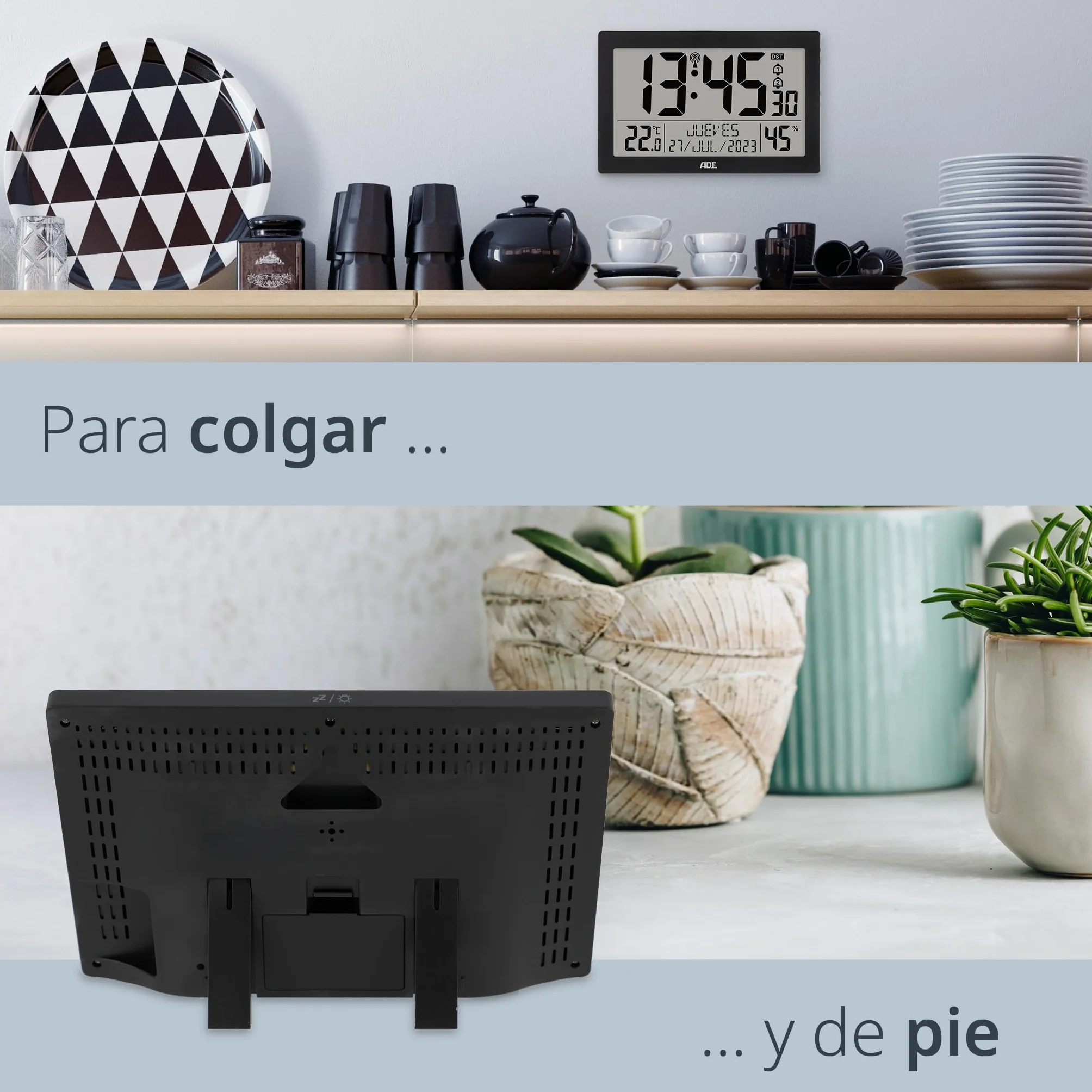 ADE Reloj meteorológico | Reloj Digital de Pared Grande | Despertador Inteligente con Temperatura y Humedad | Cocina, Salon, Dormitorio | radiocontrolado | con luz | para Mayores | con Pilas | Negro