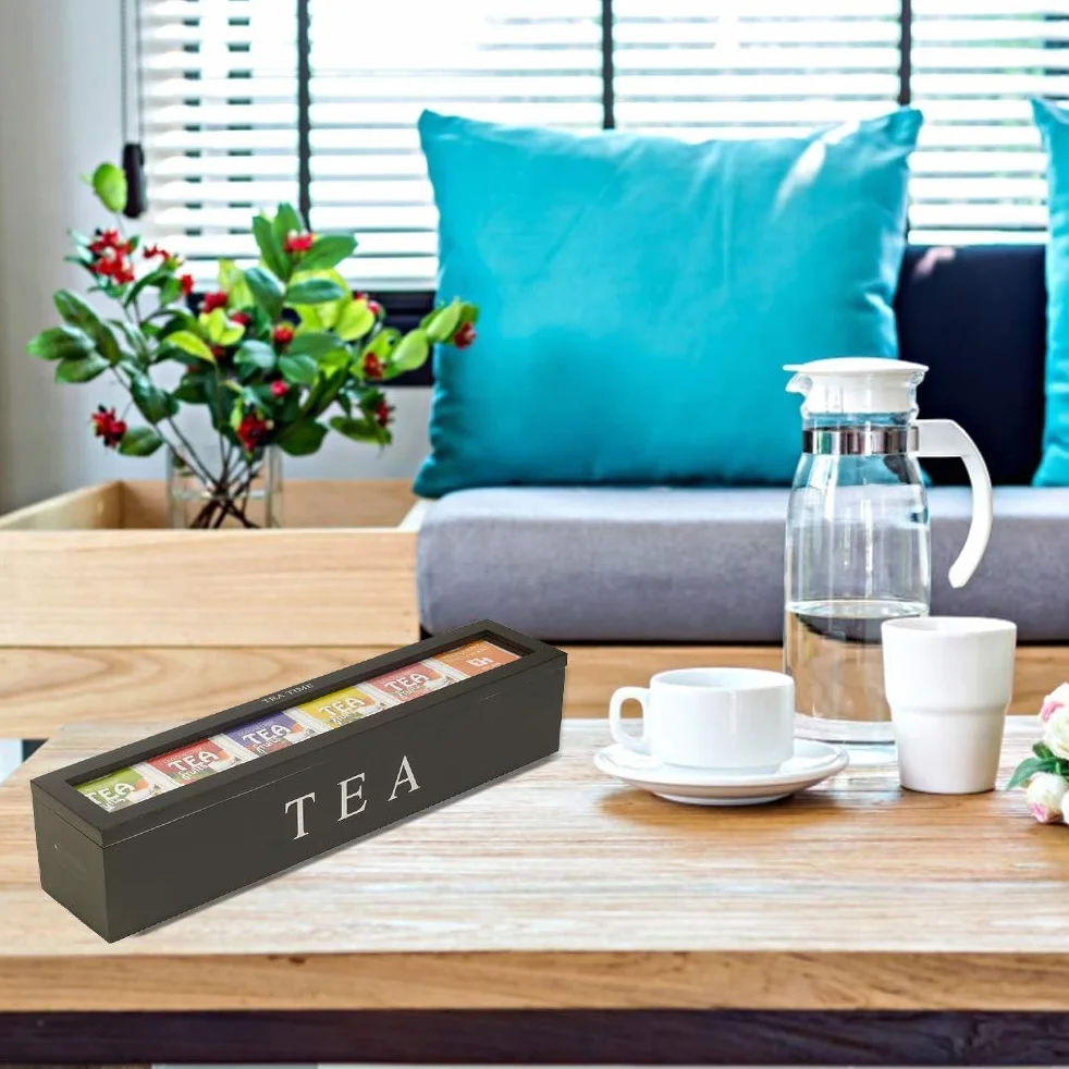Caja de Almacenamiento de Bolsas de té de café, Recipiente de Almacenamiento de Madera con 5 Ranuras, Organizador de Set de Estilo Retro, para Amantes del té (Black)