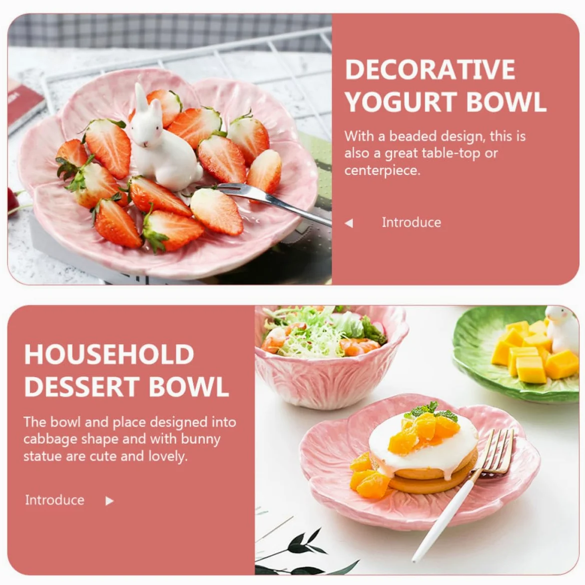 Juego de 2 Tazones de Cerámica Rosa con Estatua de Conejo y Forma de Repollo, Cuencos Elegantes para Desayuno y Reuniones Casuales Diarias