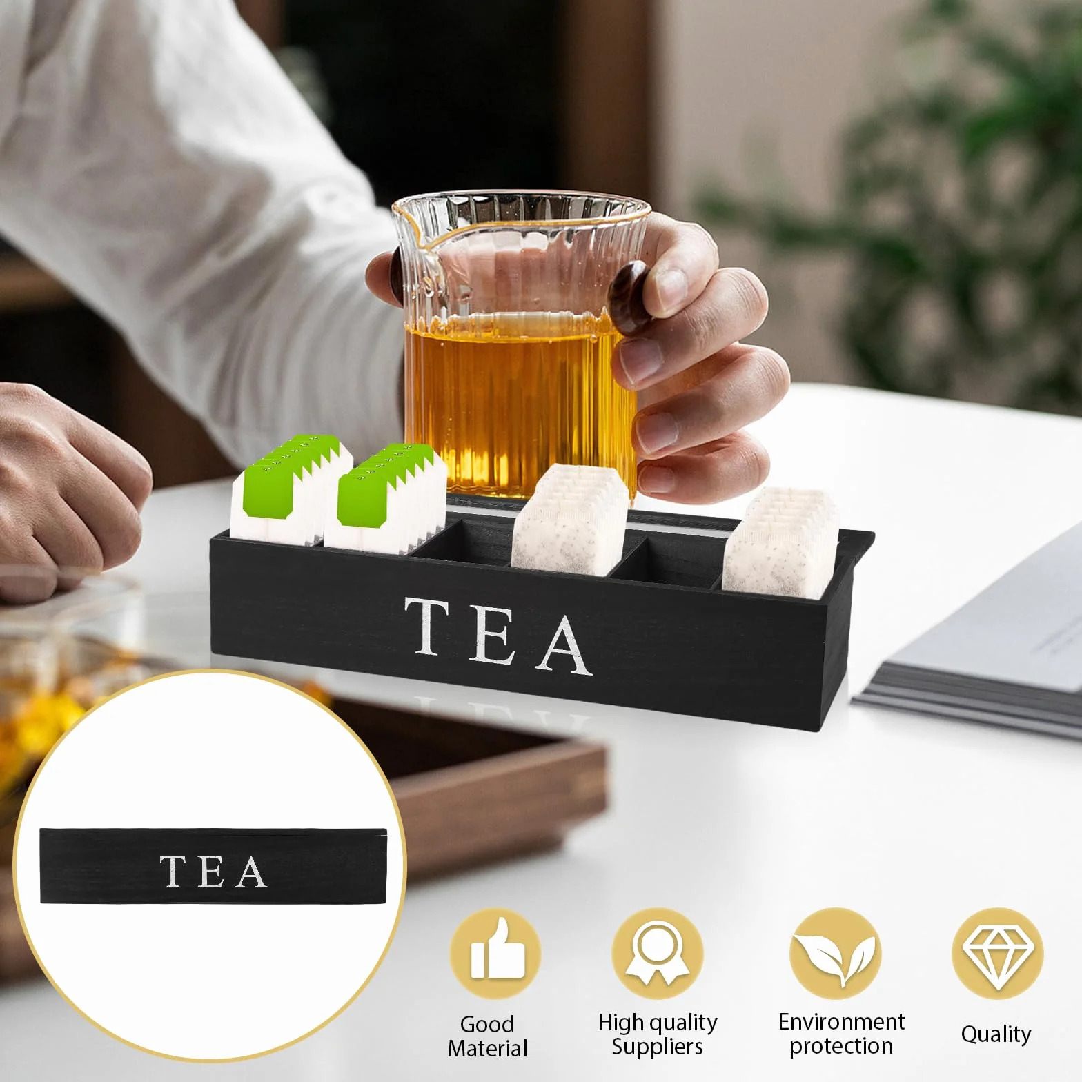 Organizador de bolsas de té con 6 compartimentos, 43 x 9 x 8,7 cm, cajas de té para bolsas de té, caja de almacenamiento de madera maciza negra, almacenamiento para bolsas de té, bolsas de especias