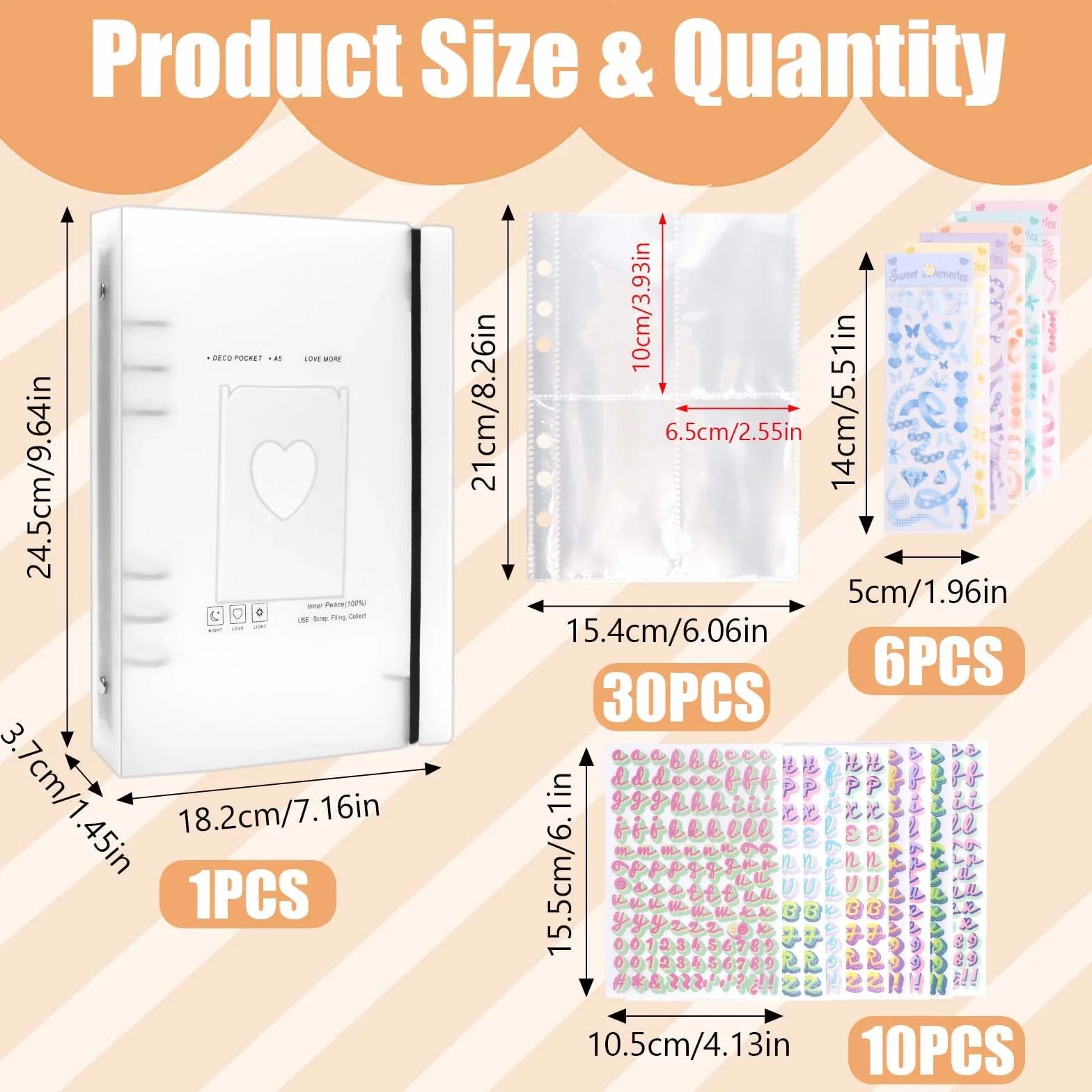 Álbum de Fotos A5 Binder Kpop mini Photocards 4" Archivadores con Anillas Carpeta de 6 Agujeros + 30 Hojas de 4 Compartimentos para Fotos Tarjetas, Sellos con Pegatinas Adhesivos Alfanuméricos