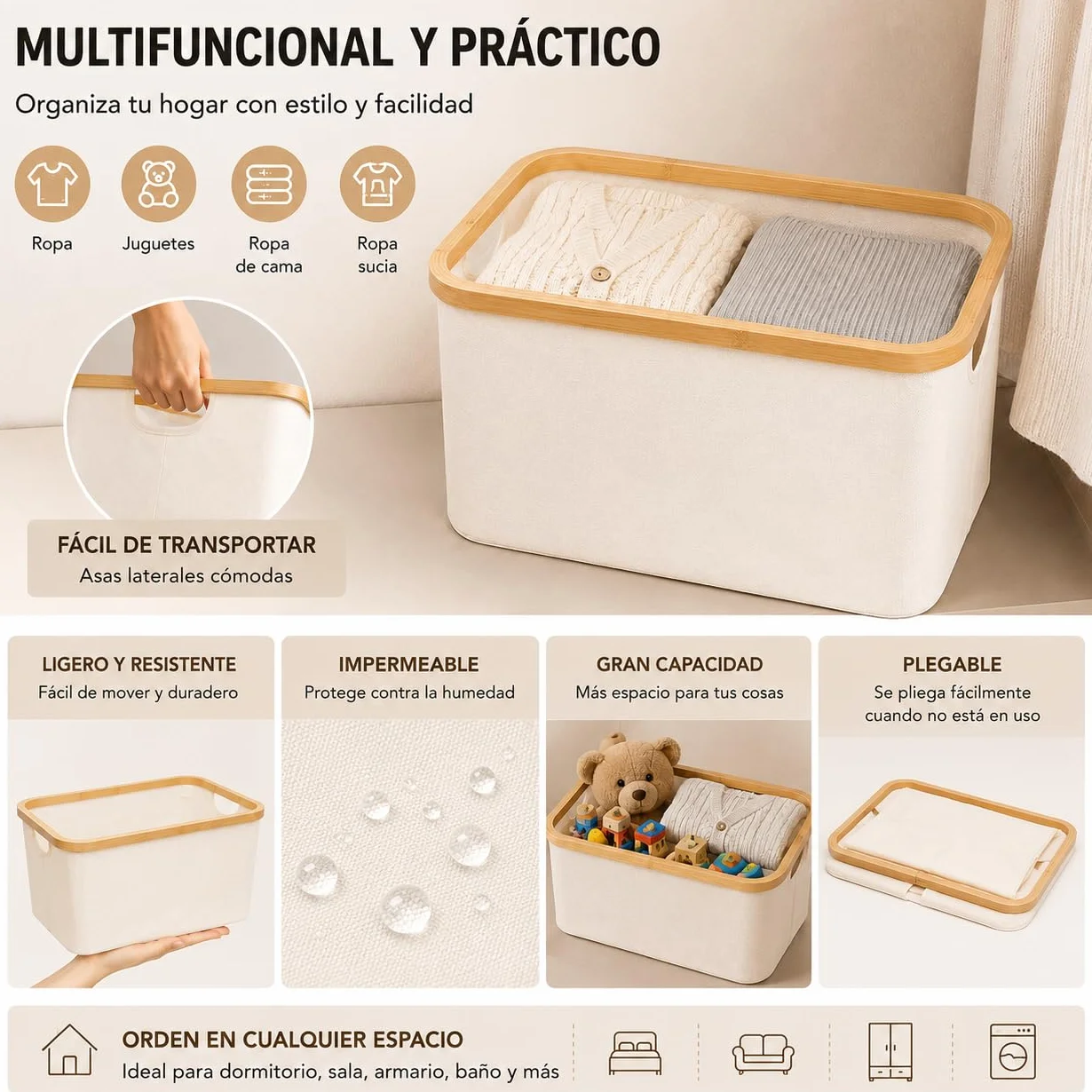 Cesta plegable para la colada 30L - Cesta resistente al agua para ropa seca y mojada - Cesta para ropa y sábanas - ideal para lavandería, baño y dormitorio -RS22111-1 - 45x30x24.5cm-Blanco
