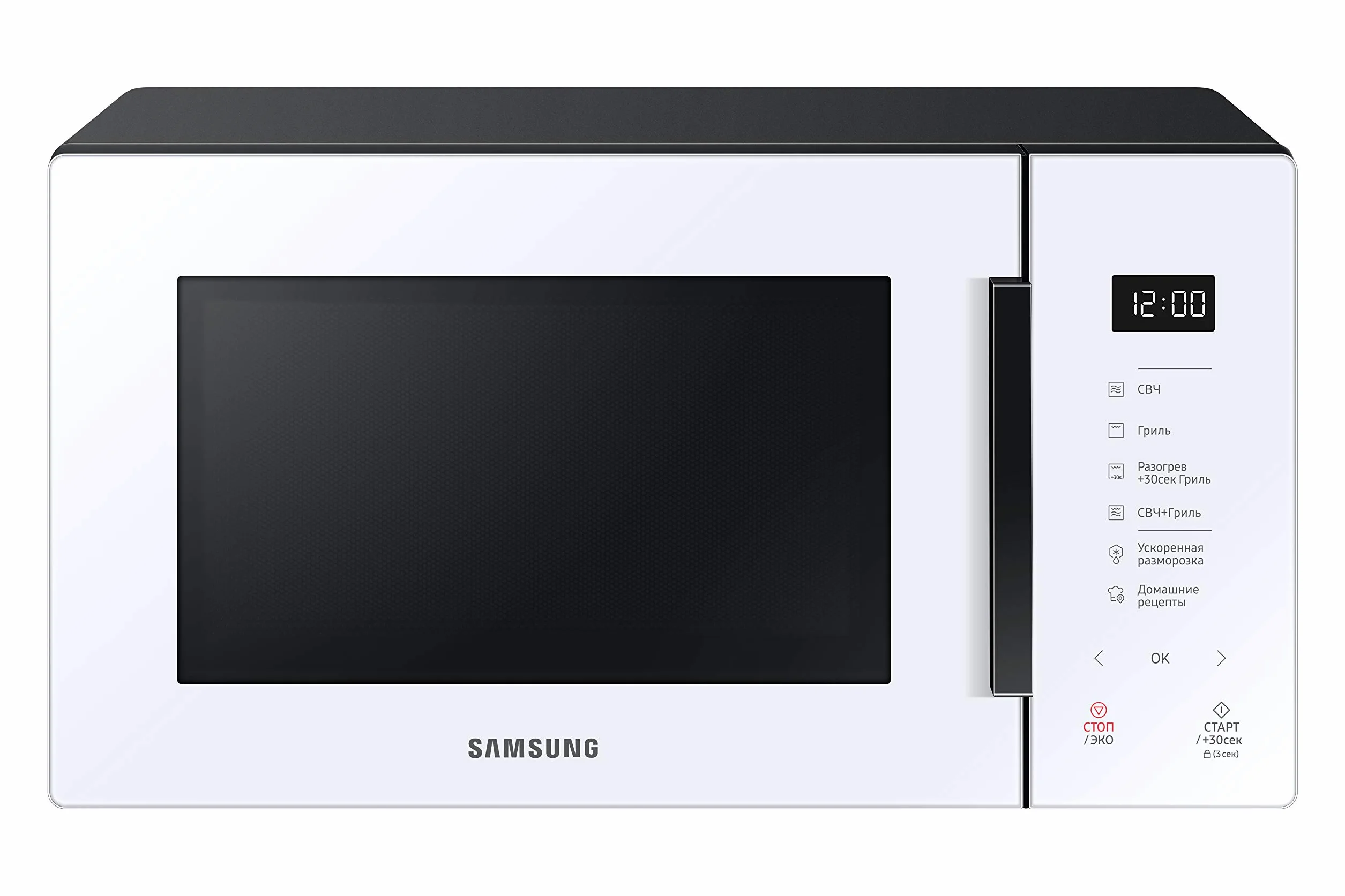 Samsung - Horno Microonde - Capacidad 23 litros - 1100W de potencia - Cocción automática y Home Dessert - Glass design - Modelo n. MG23T5018AW - Color blanco