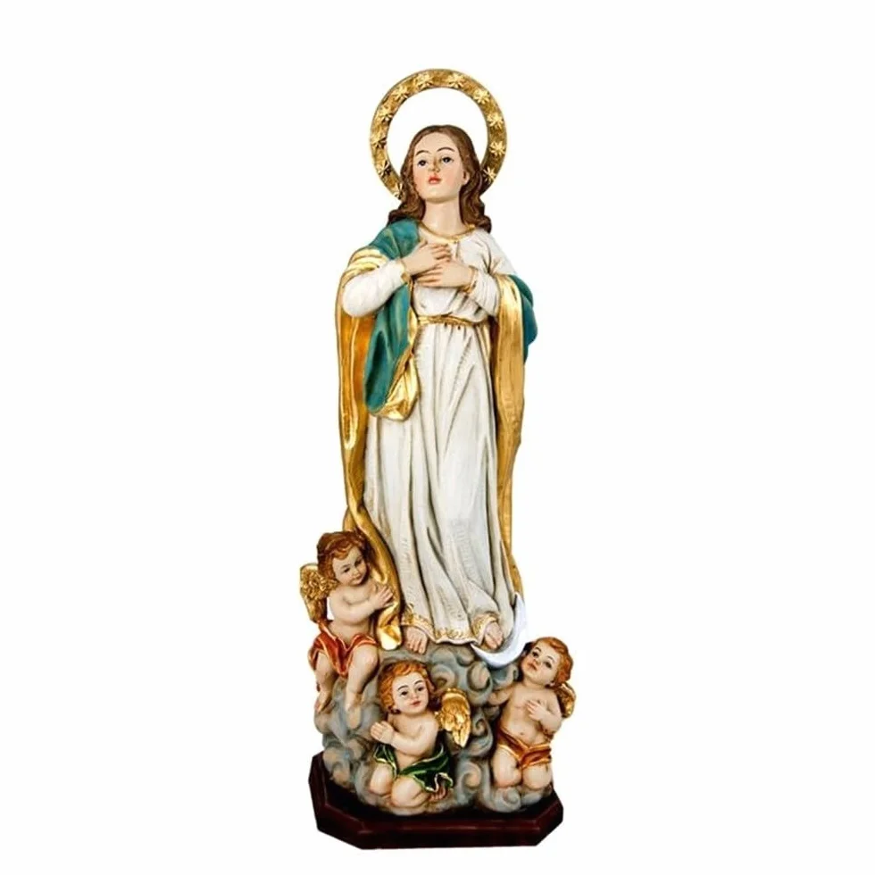 Virgen Inmaculada Figura 33 cm. Escultura ángeles peana Resina