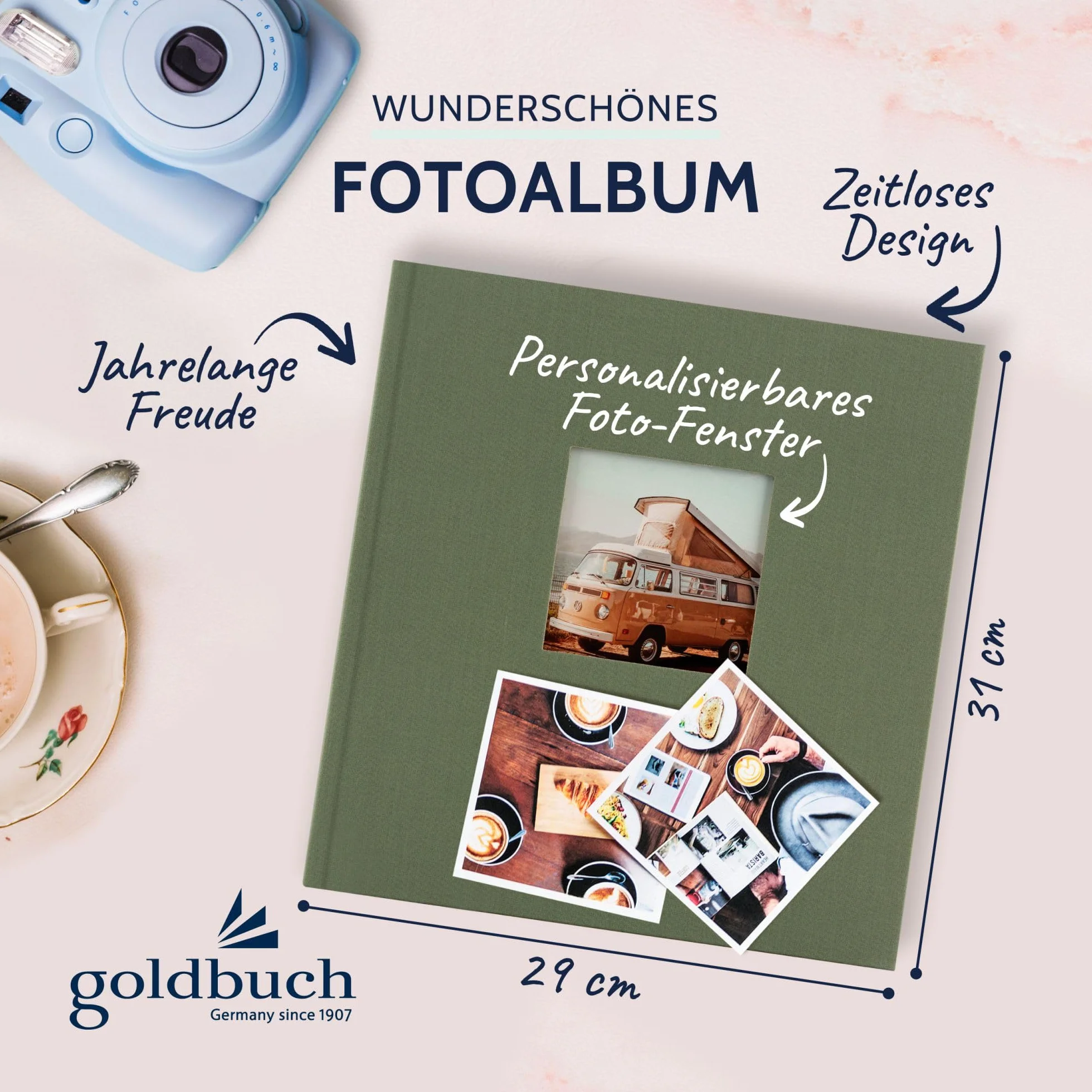 goldbuch 27 309 Bella Vista - Álbum de fotos con diseño de alcachofa, álbum de recuerdos en formato 30 x 31 cm, 60 páginas blancas con separadores de pergamino, libro de fotos con cubierta de lino en