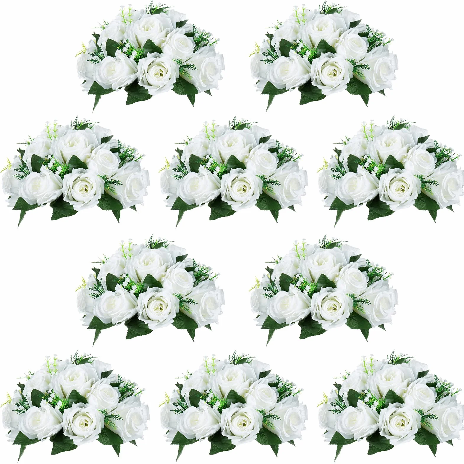10 Piezas Flor Artificiales, 15 Cabezas Rosas Plástico con Base, Adecuadas para el Estante Central Flores de Nuestra Tienda para Fiestas Decoración del Hogar(Blanco)