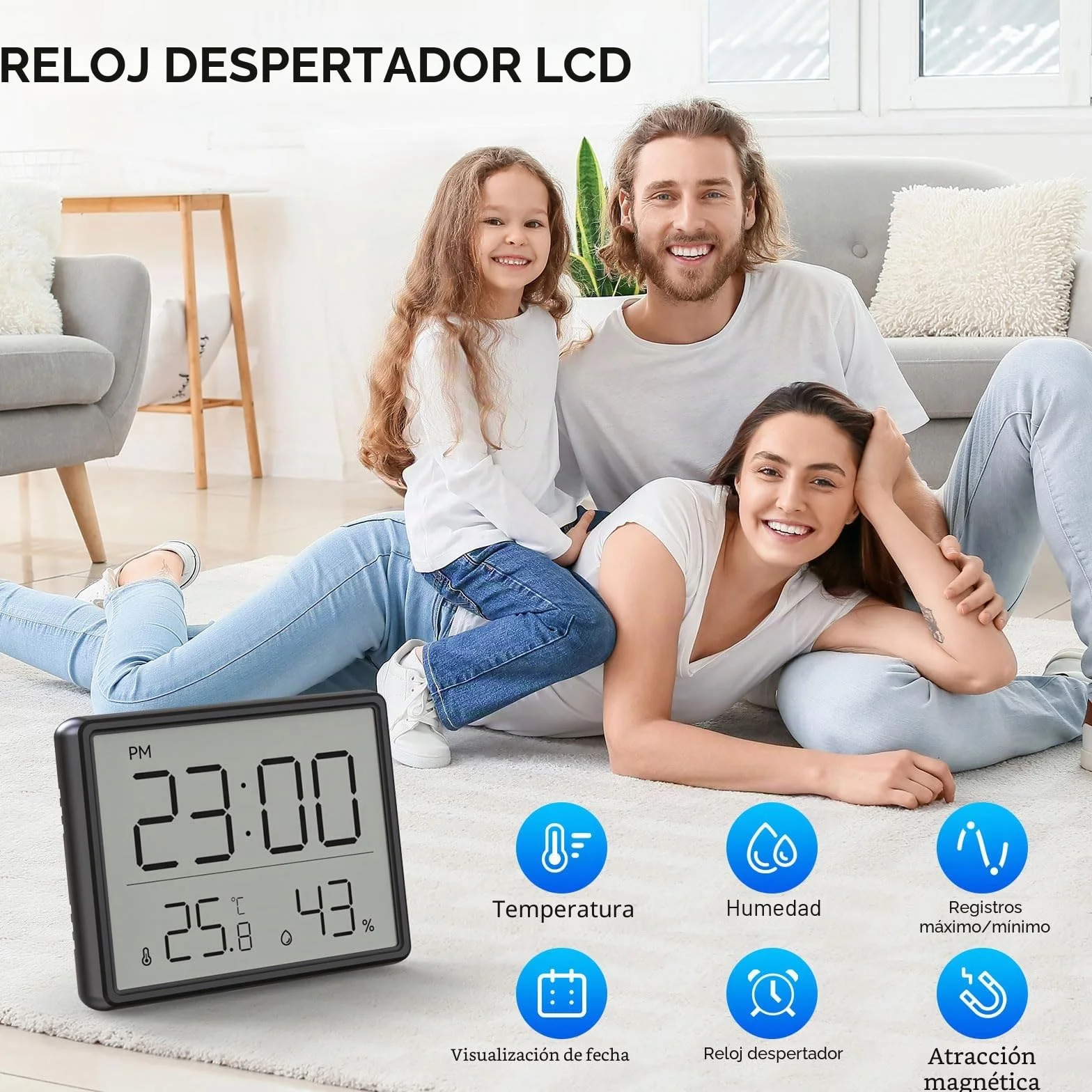 Termómetro Higrómetro Digital, LCD Pequeño Reloj Despertador con Temperatura Humedad Multifuncional 12/24 Horas ℃/℉ para Hogar Estudiantes Oficina