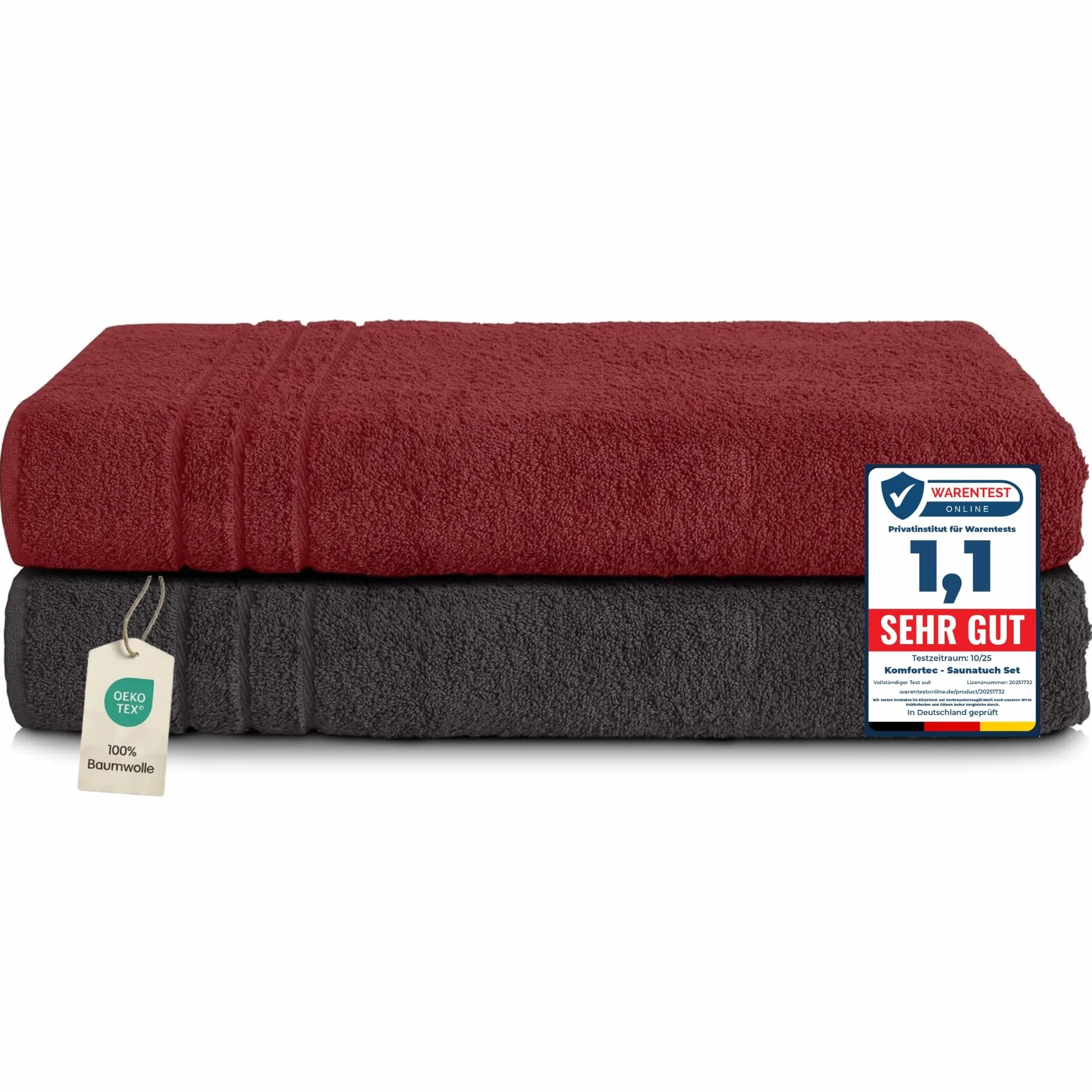 Komfortec Juego de 2 Toallas de Sauna 80 x 200 cm, 100% Algodón, Toallas XXL para Sauna, Suaves, Grandes, de Rizo y de Secado Rápido, Negro/Rojo