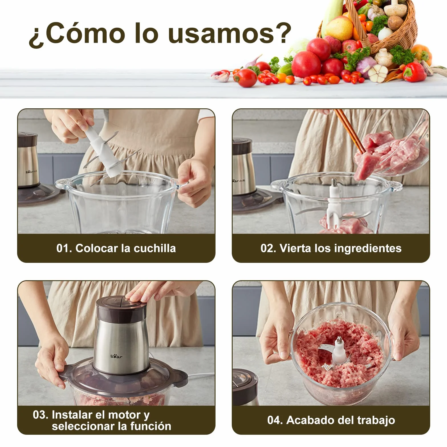 Bear 2L Vidrio Picadora De Alimentos, Función Pulso Con Una Mano,2600r/Min,2 Velocidades, Trituradora Con 4 Cuchillas De Acero Inoxidable, Picadora De Cocina Para Carne, Verduras,Cebolla Y Frutas