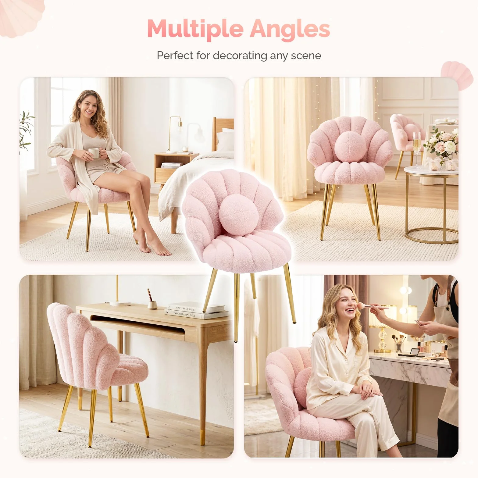 Bonnlo Silla Tocador Maquillaje, Silla Escritorio sin Ruedas de Peluche Sueve, con Respaldo Forma de Concha y Cojín Extraíble, Sillón Comedor Estilo Nórdico con Patas Doradas y Respaldo Redondo, Rosa