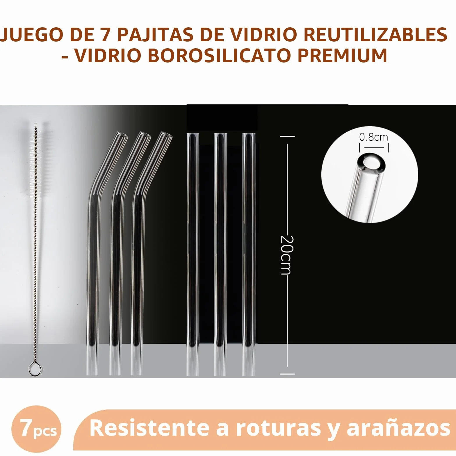 Paquete de 7 pajitas de vidrio transparente reutilizables (7.9 pulgadas) – Pajitas de borosilicato sin BPA, 3 rectas y 3 dobladas con cepillo de limpieza, aptas para lavavajillas, sin plástico