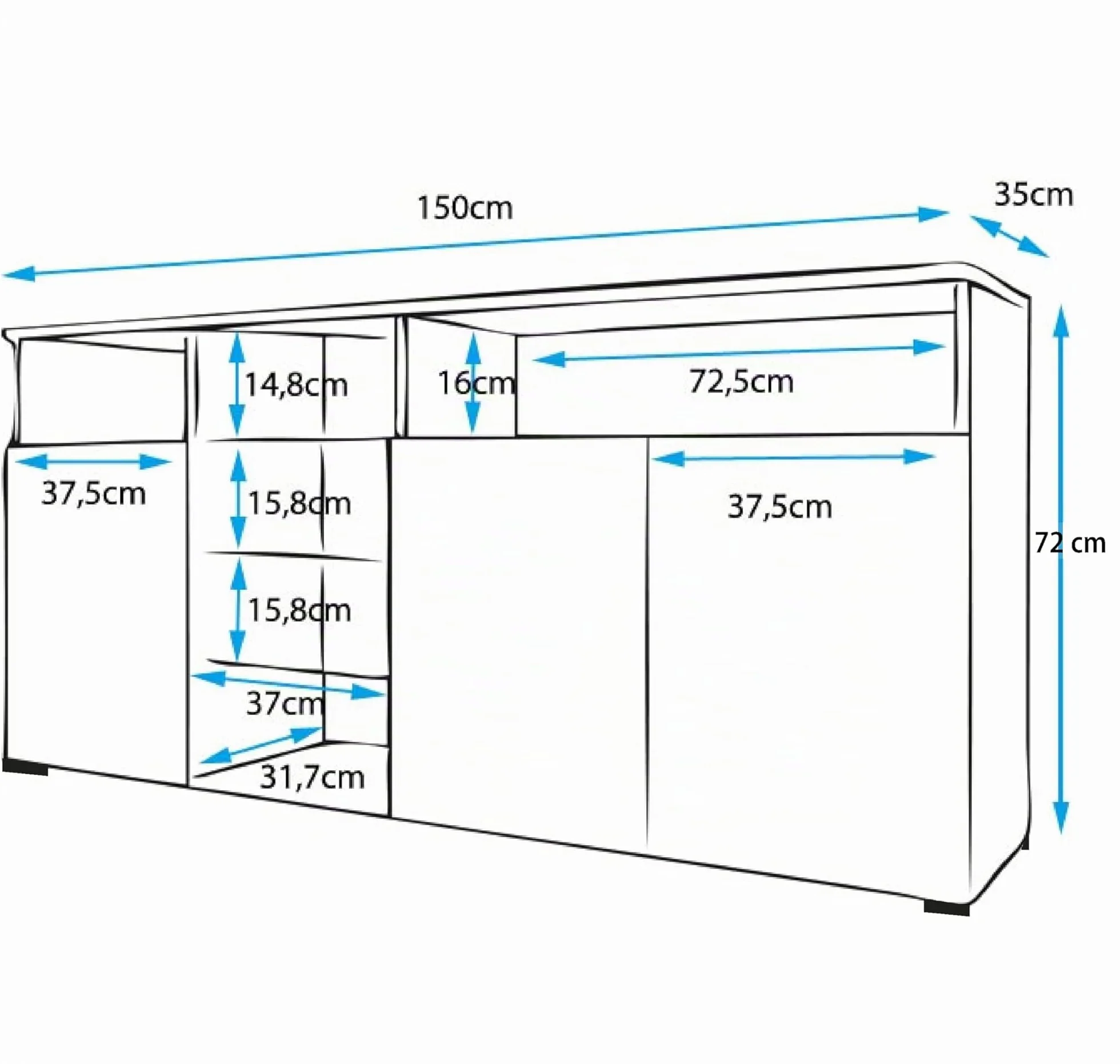 MB Muebles Bonitos | Aparador Clark con 3 Puertas para Salón con Luz LED | Mueble Moderno de Melamina Brillo | Color Blanco | 150x72x35 cm