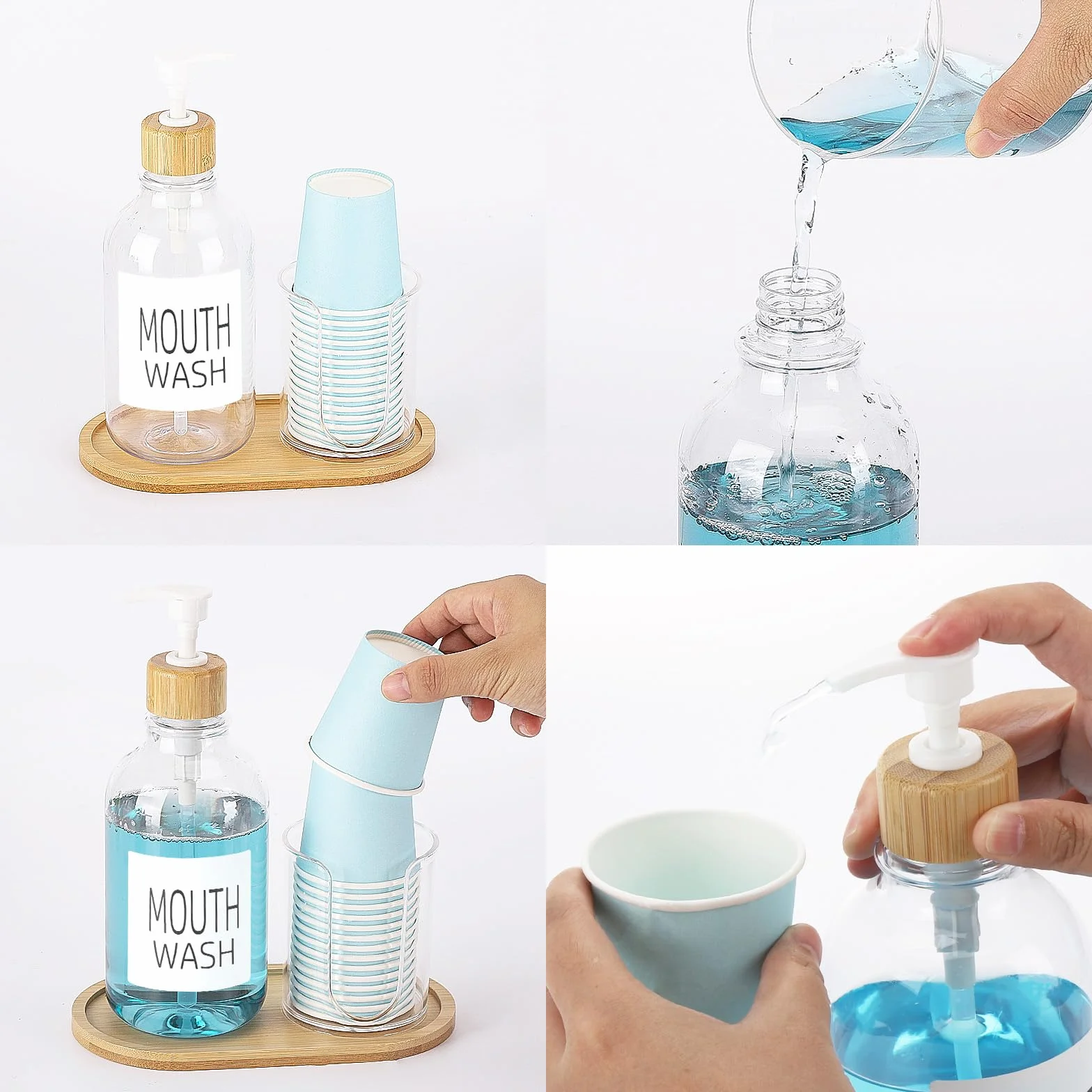 Dispensador de enjuague bucal con soporte para tazas, botella de plástico con bandeja para organizadores de baño, contenedor de enjuague bucal transparente recargable de 17 onzas, bambú