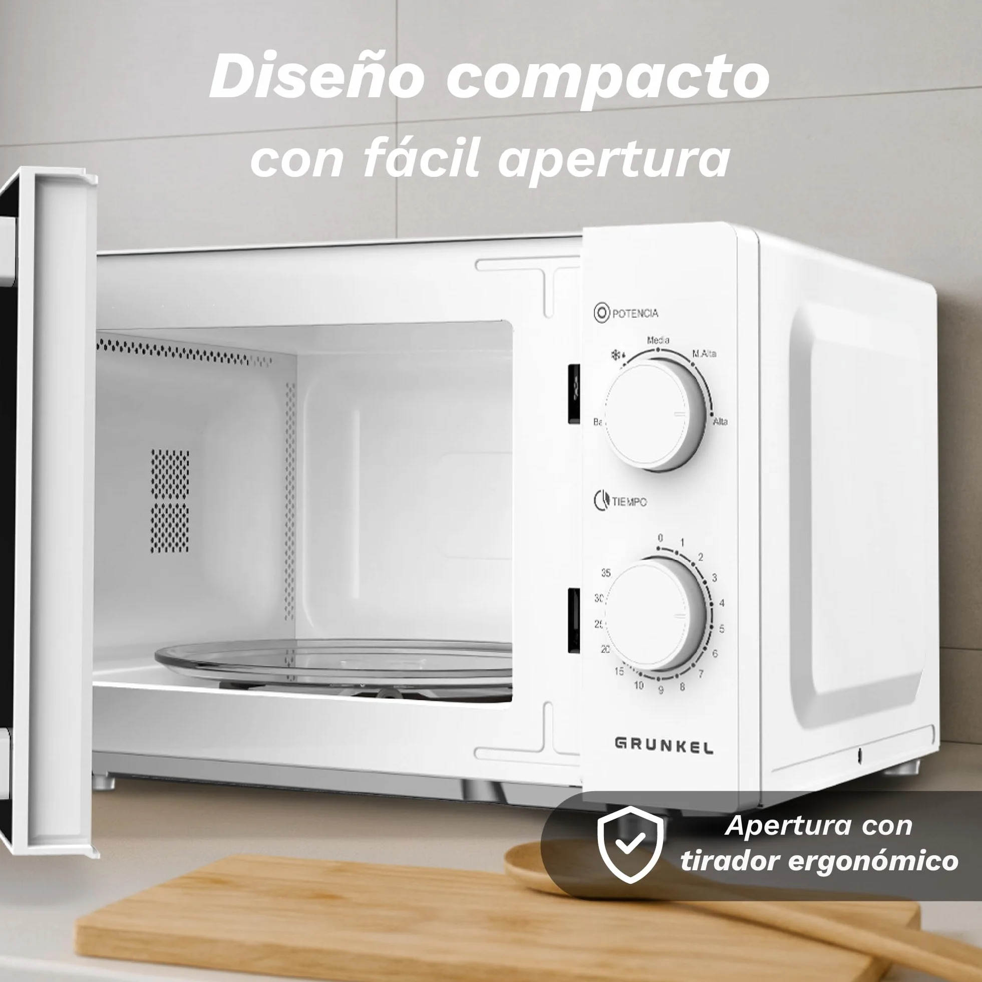 Microondas sin Grill básico de 25 Litros, 850w de potencia Sencillo, temporizador 30min. 5 potencias y descongelación. Fácil de usar