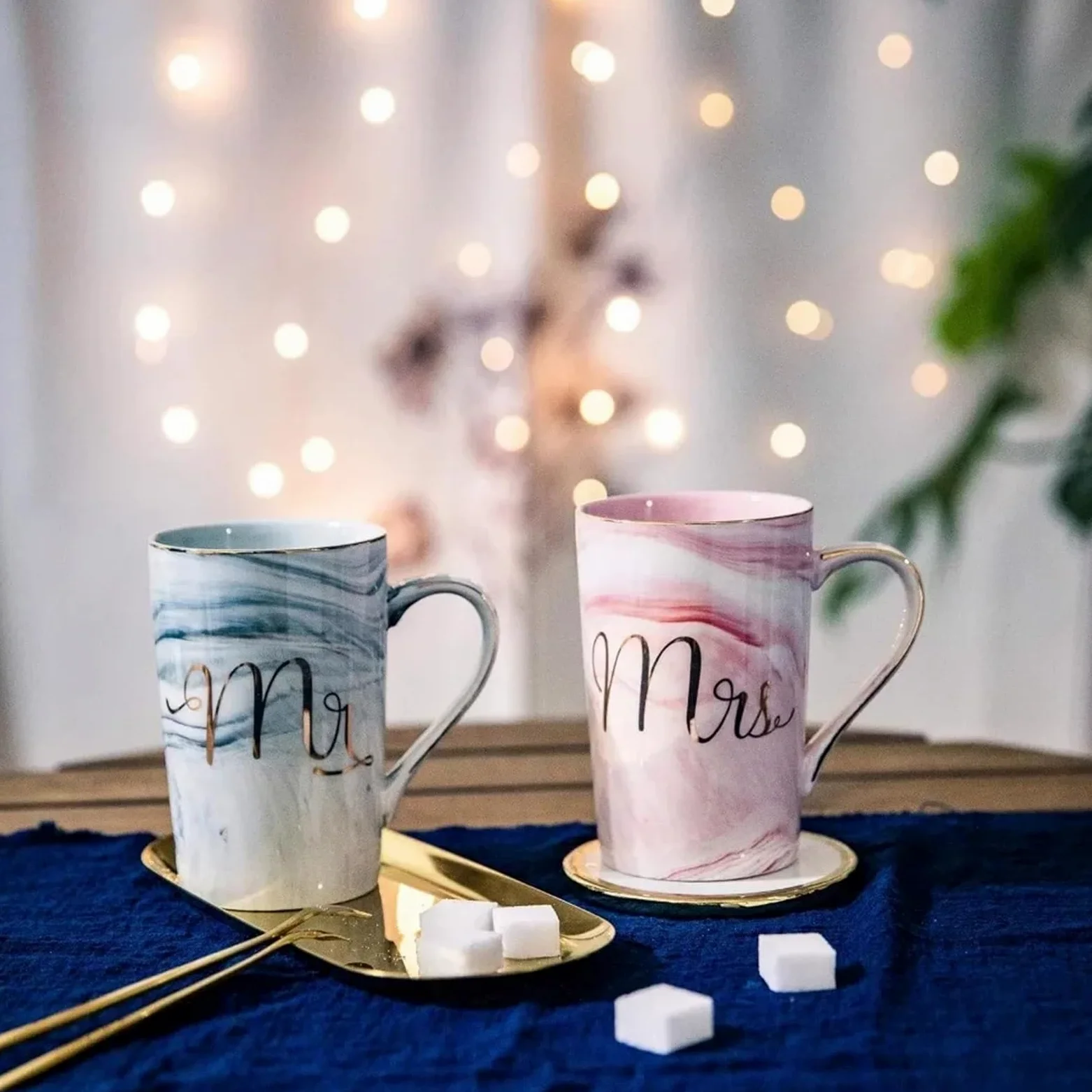 Taza de cerámica de mármol de 13,5 oz, juego de tazas de café Mr And Mrs for novia y novio, compromiso de aniversario de boda Para Boda(Pink Grey01)