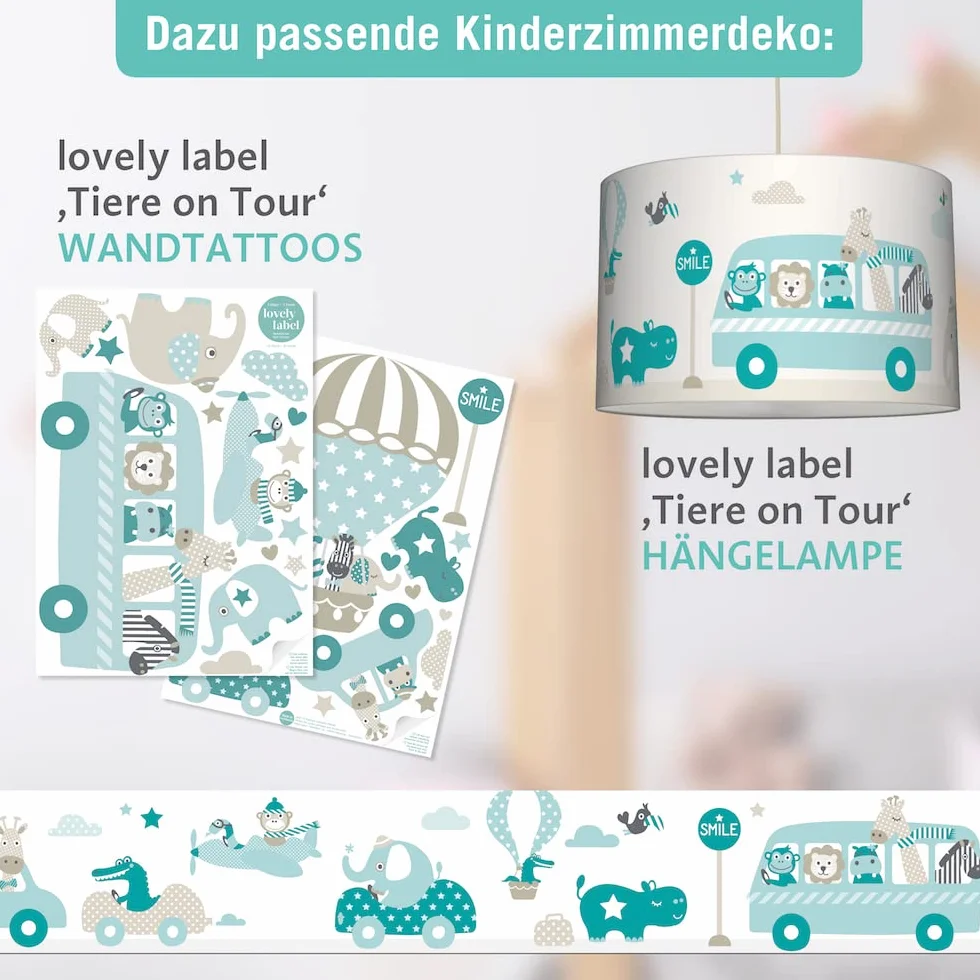 cenefa autoadhesiva, 450 x 11.5 cm, diseño excursión de los animales, color beige-menta-turquesa