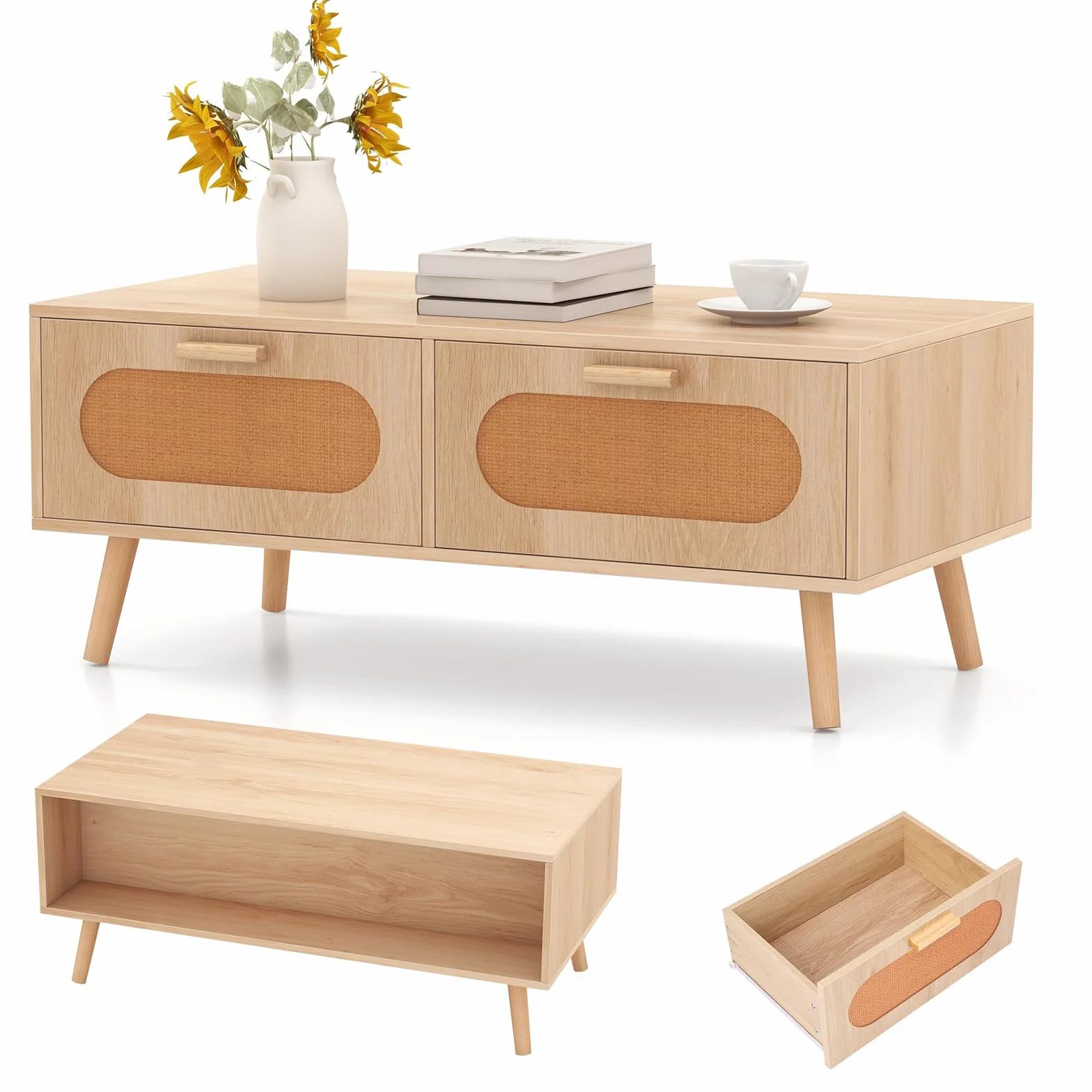 LIFEZEAL Mesa de Centro con 2 cajones y 1 Compartimento Grande, Mesa de salón con 4 Patas de Madera Maciza, Capacidad de Carga 60 KG, 100 x 50 x 41 CM, Natural, Estilo rústico