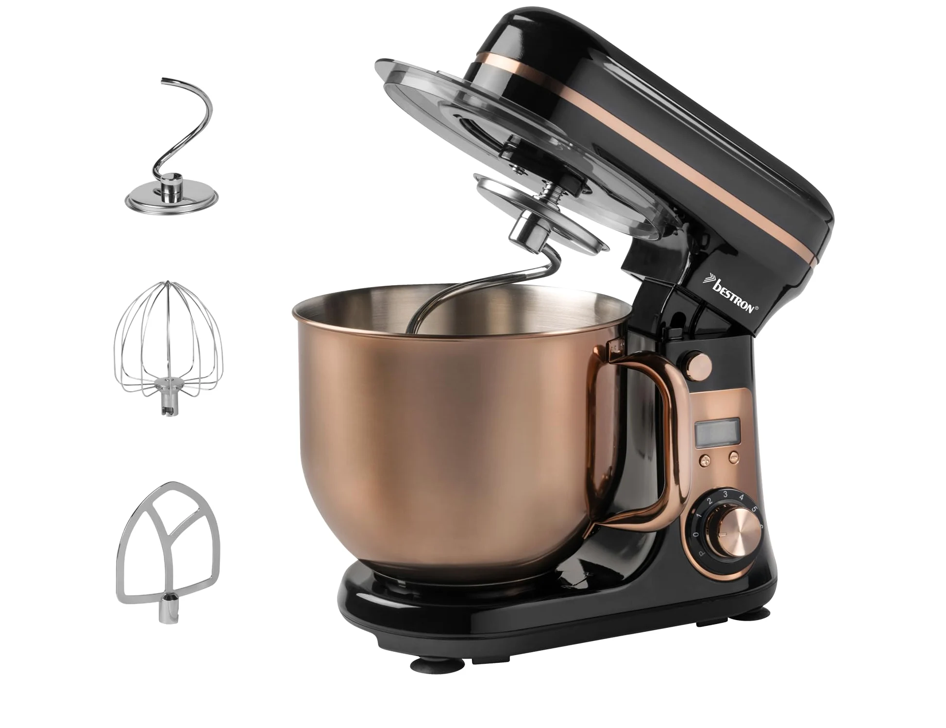 Bestron - Robot pastelero (65 dB), robot de cocina 4 en 1, cuenco de 6 litros, incluido gancho amasador, batidor y batidor plano, 6 velocidades + función Pulse, Cobre