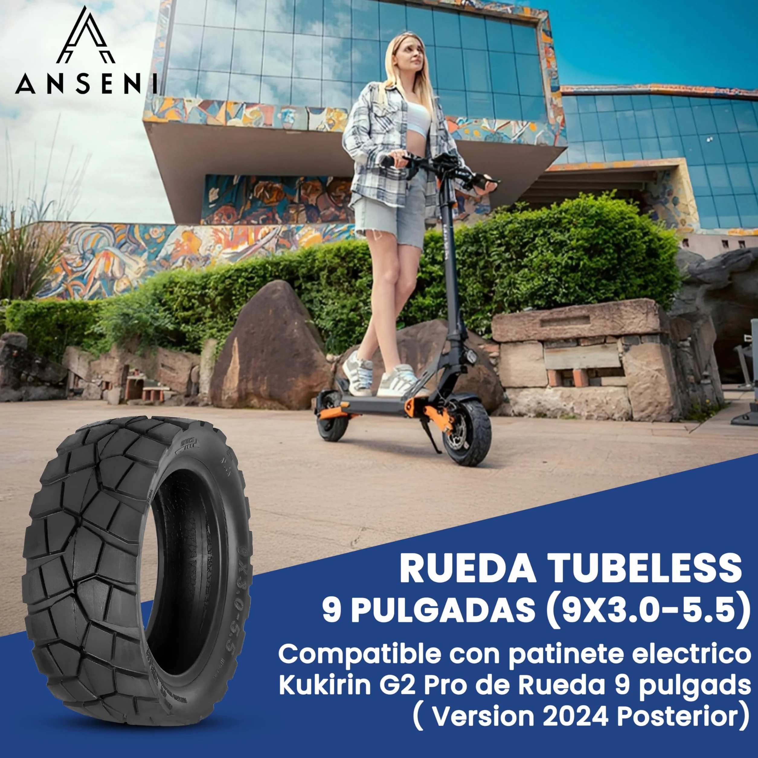 ANSENI Rueda Tubeless 9x3.0-5.5 Cubierta 9 Pulgadas Offroad Neumático Sin Cámara para Patinete Eléctrico Kukirin G2 Pro