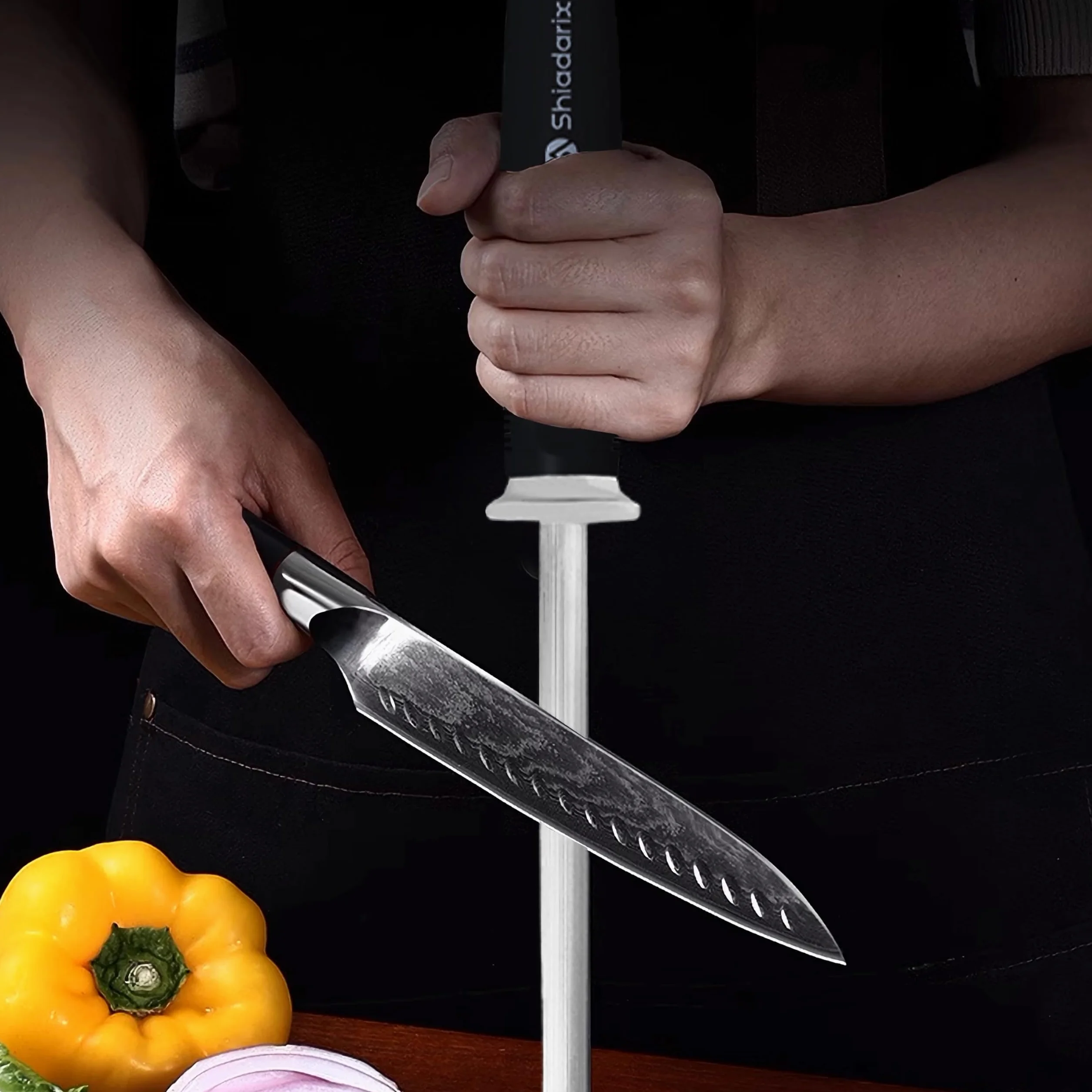 Chaira Afilar Diamante 37cm Afilador de Cuchillos Profesional Knife Sharpener de Acero Especial Endurecido y Mango Ergonómico de Tacto Suave con Protección para Los Dedos | Rojo